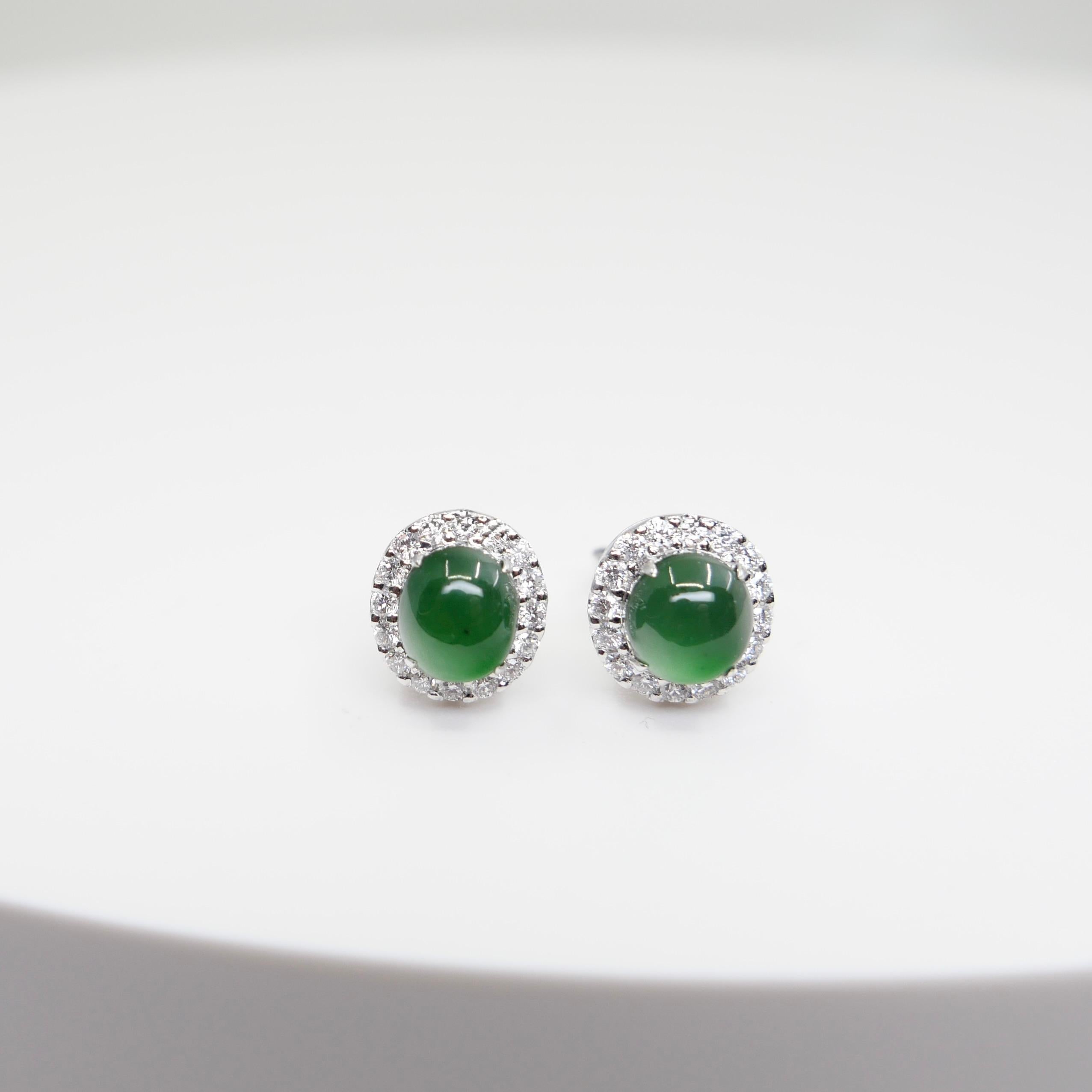 Certified Natural Apple Green Jade Diamond Stud Earrings. Glowing Green For Sale 4
