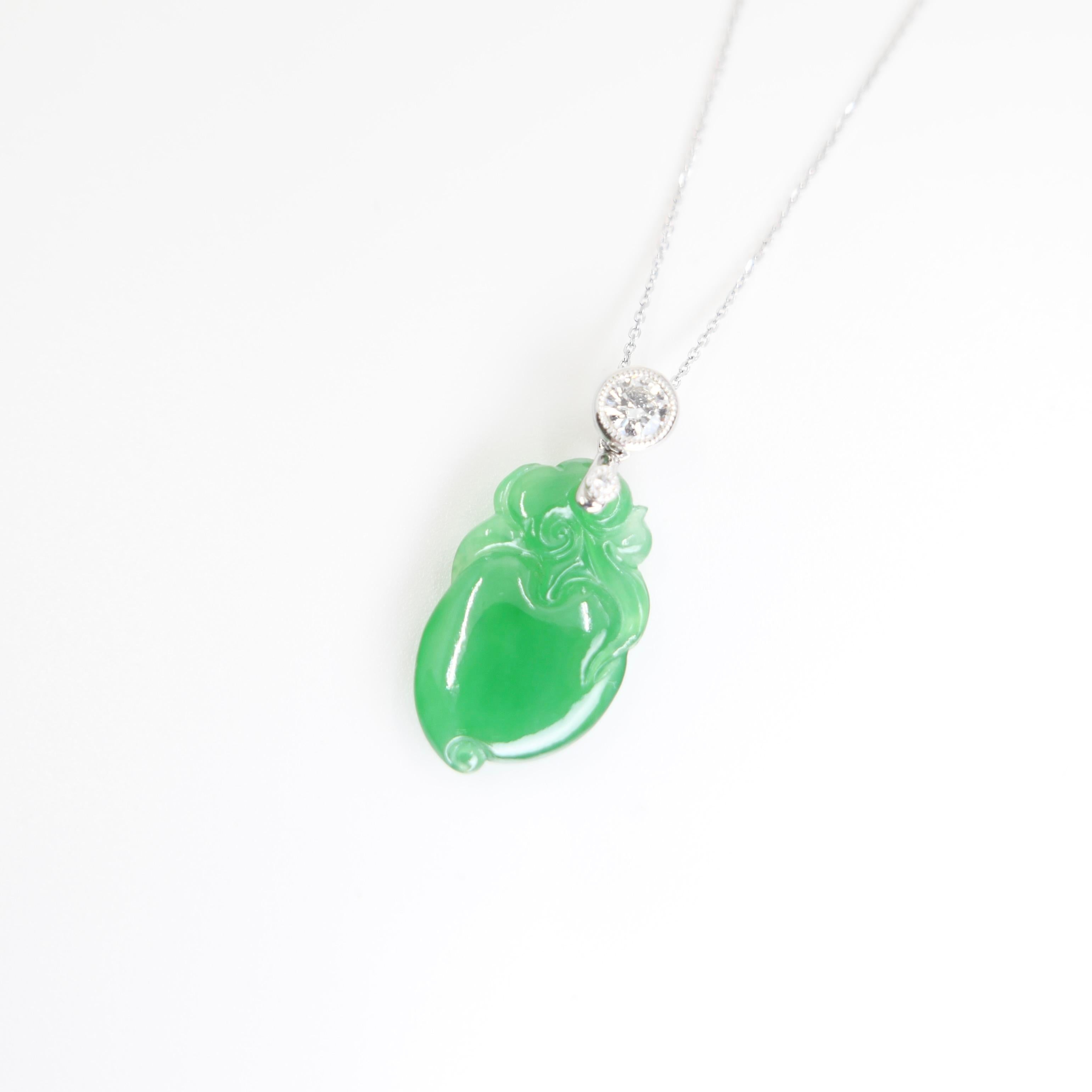 Certified Natural Apple Green Jade Peach & Diamond Pendant. Longevity & Lucky! For Sale 5