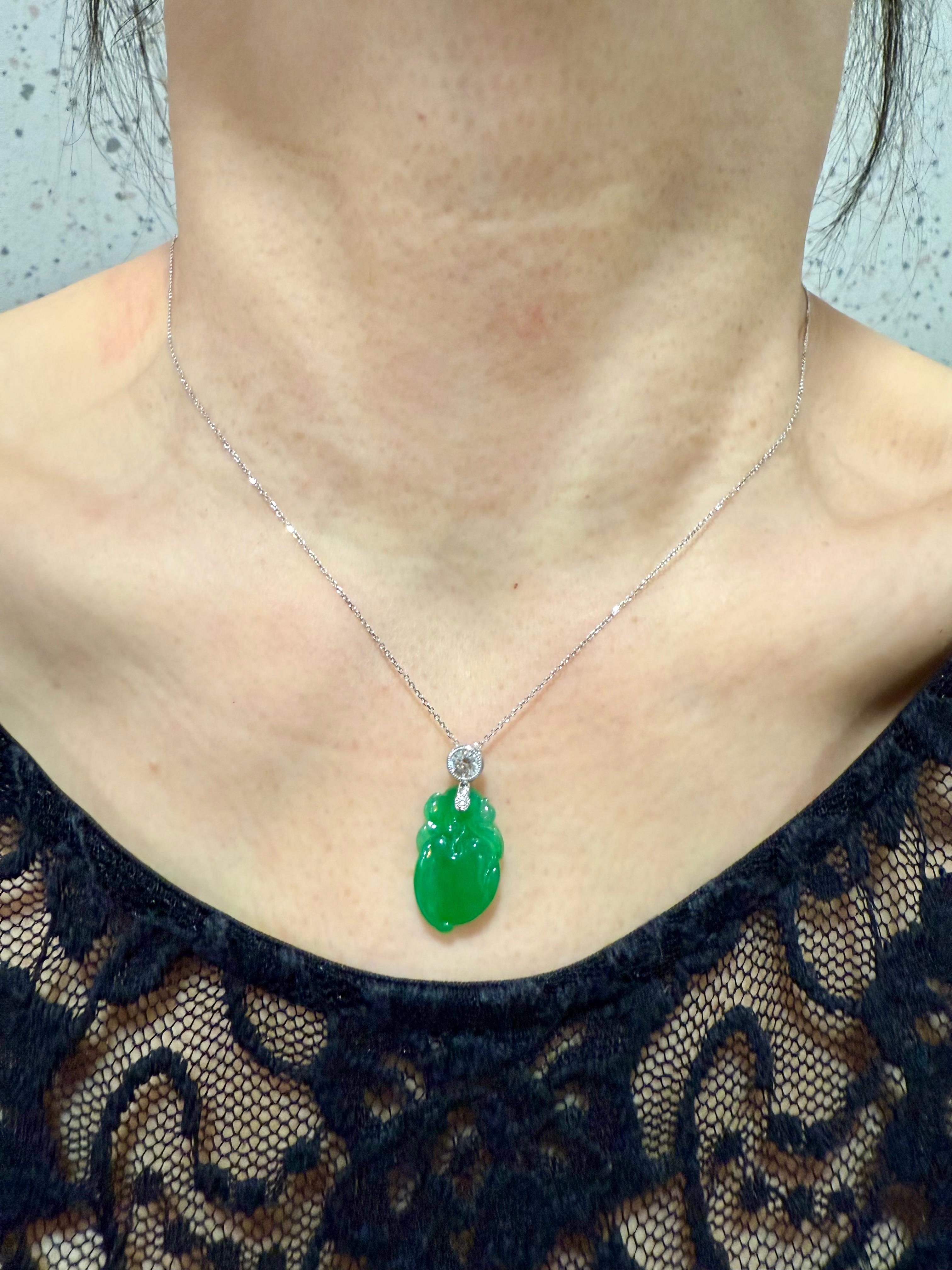 Certified Natural Apple Green Jade Peach & Diamond Pendant. Longevity & Lucky! For Sale 6