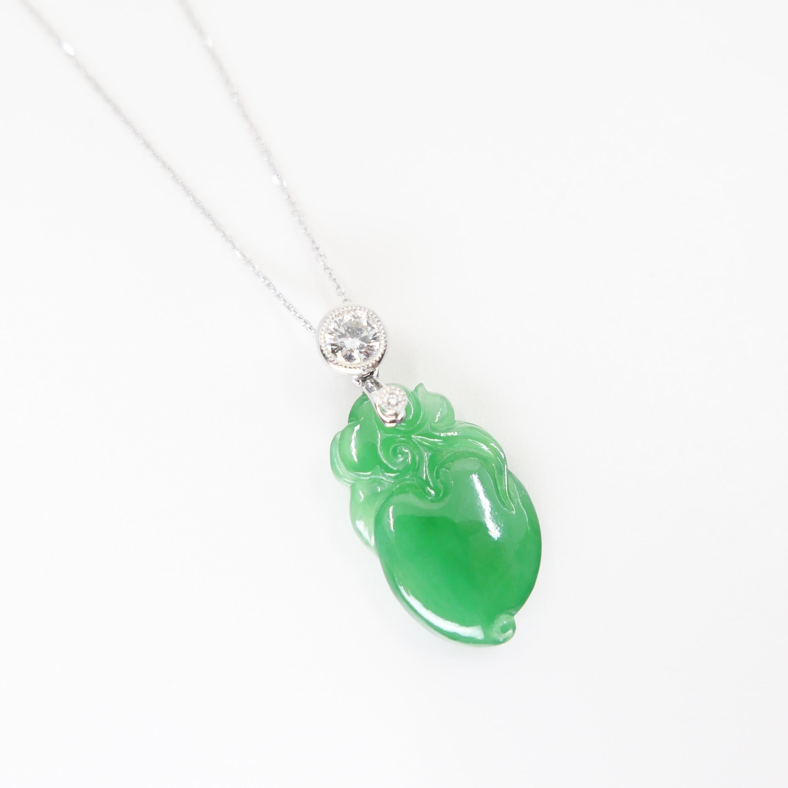 Certified Natural Apple Green Jade Peach & Diamond Pendant. Longevity & Lucky! For Sale 7