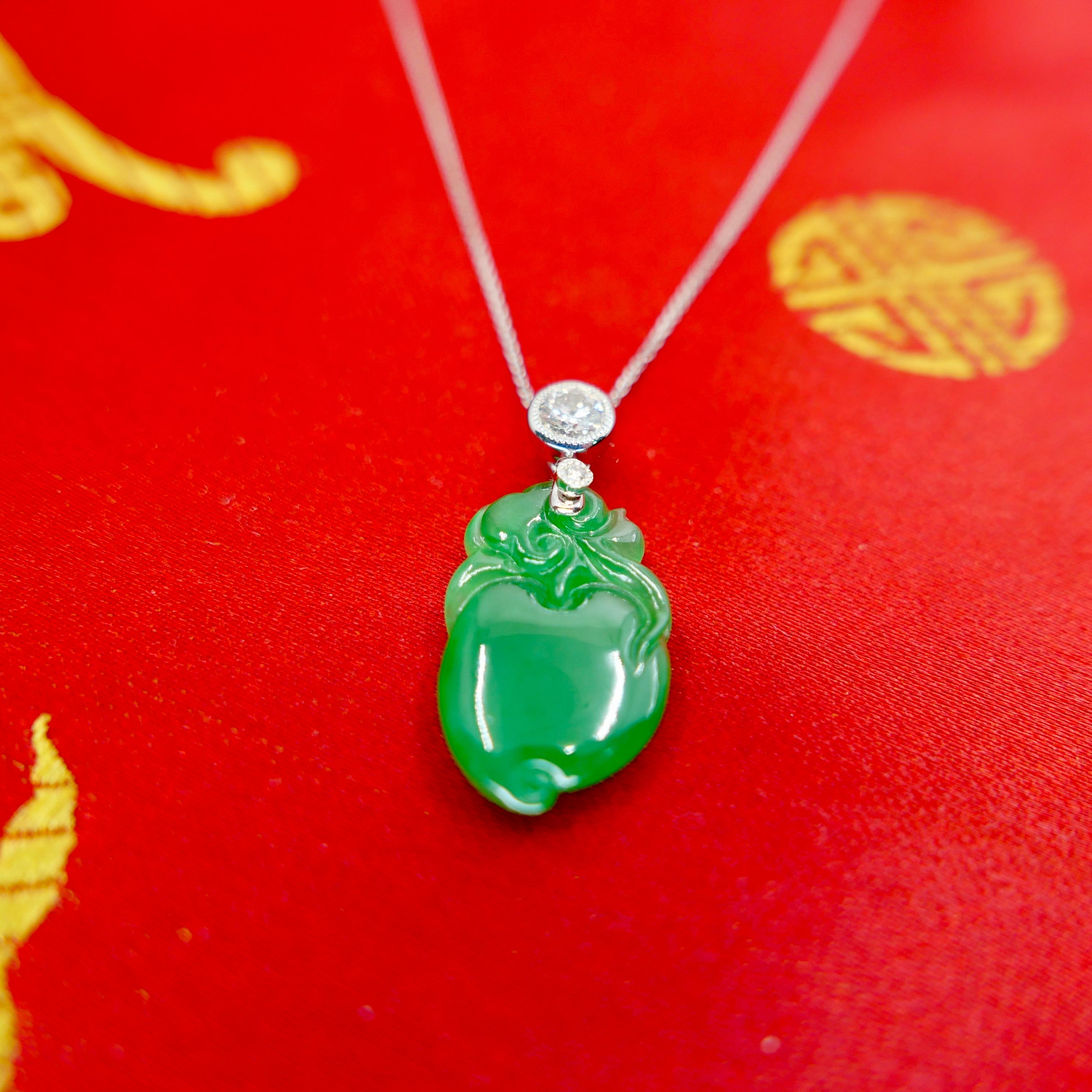Certified Natural Apple Green Jade Peach & Diamond Pendant. Longevity & Lucky! For Sale 8
