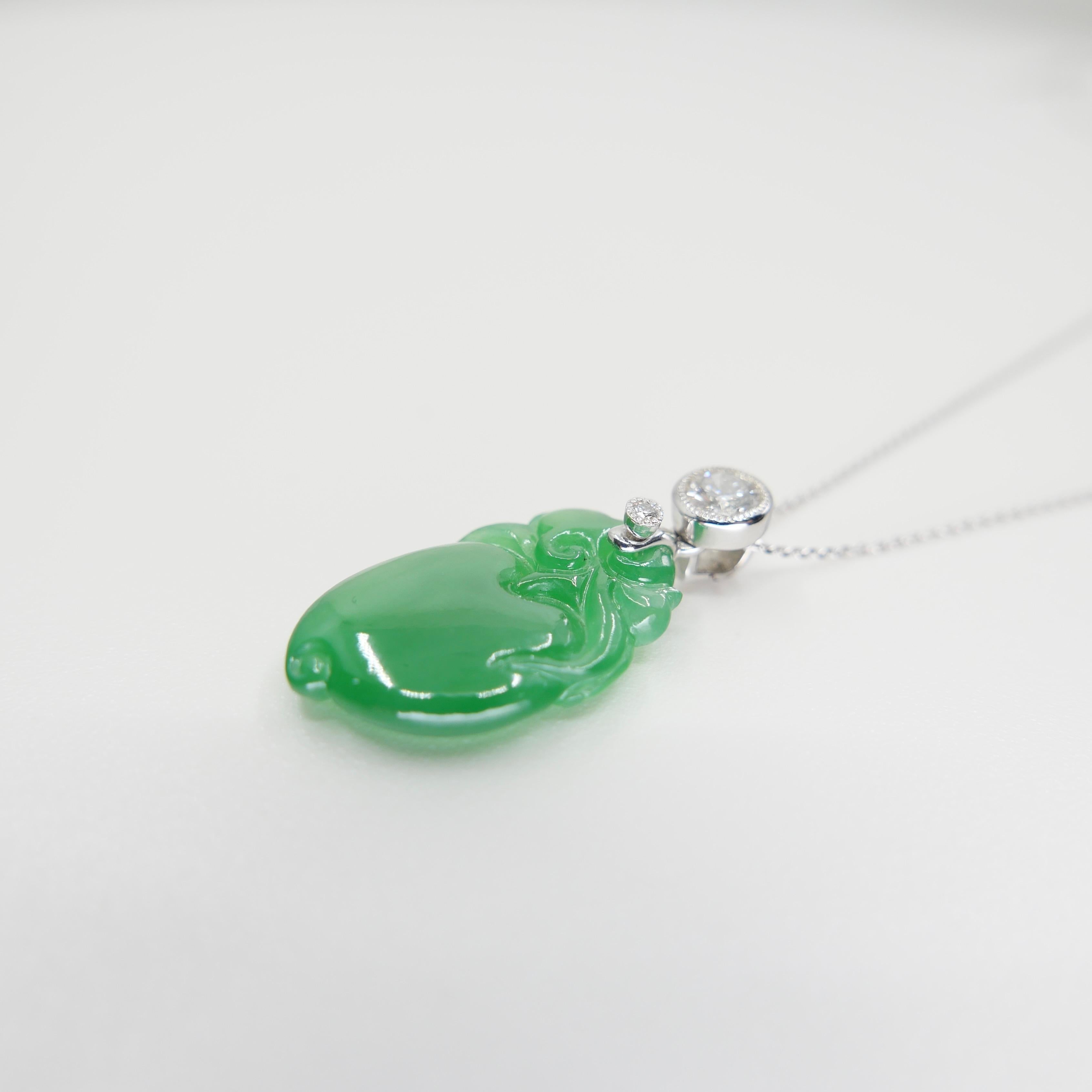 Certified Natural Apple Green Jade Peach & Diamond Pendant. Longevity & Lucky! For Sale 9