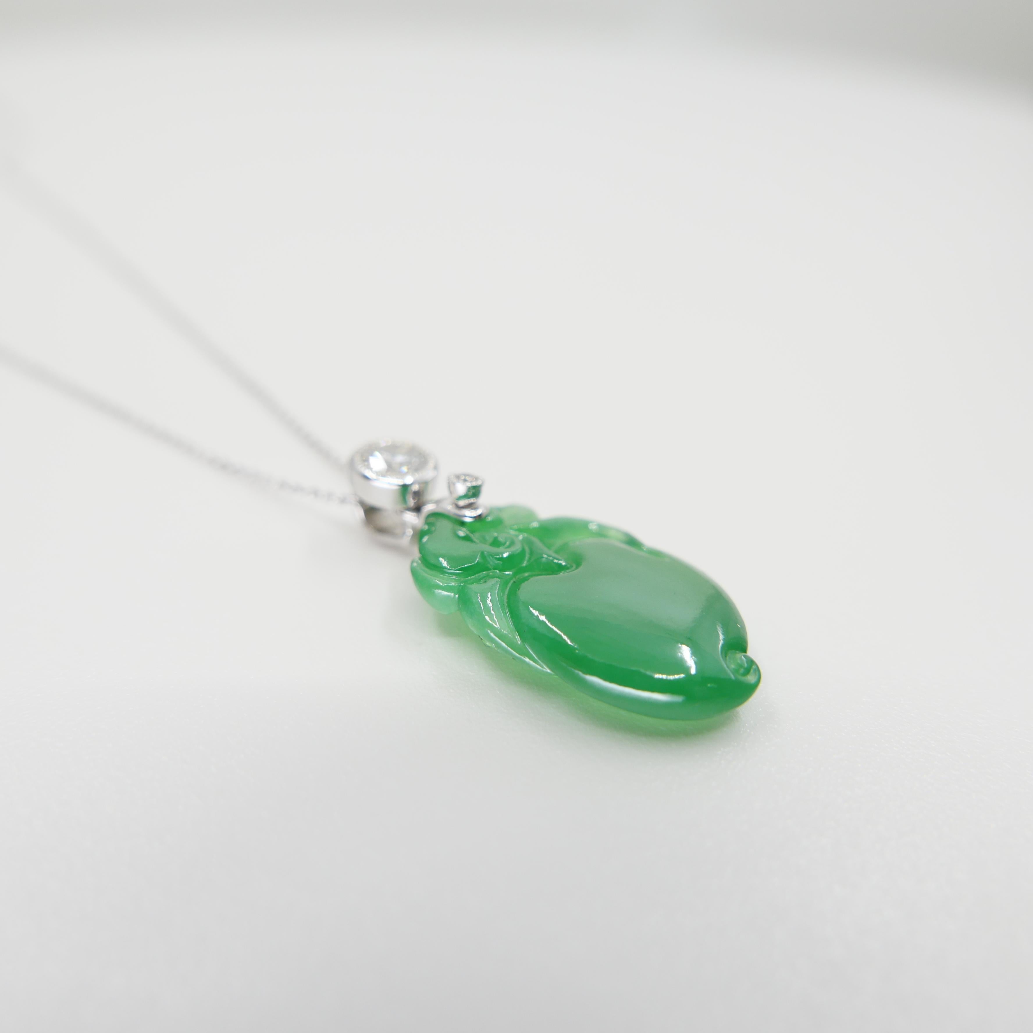 Certified Natural Apple Green Jade Peach & Diamond Pendant. Longevity & Lucky! For Sale 11