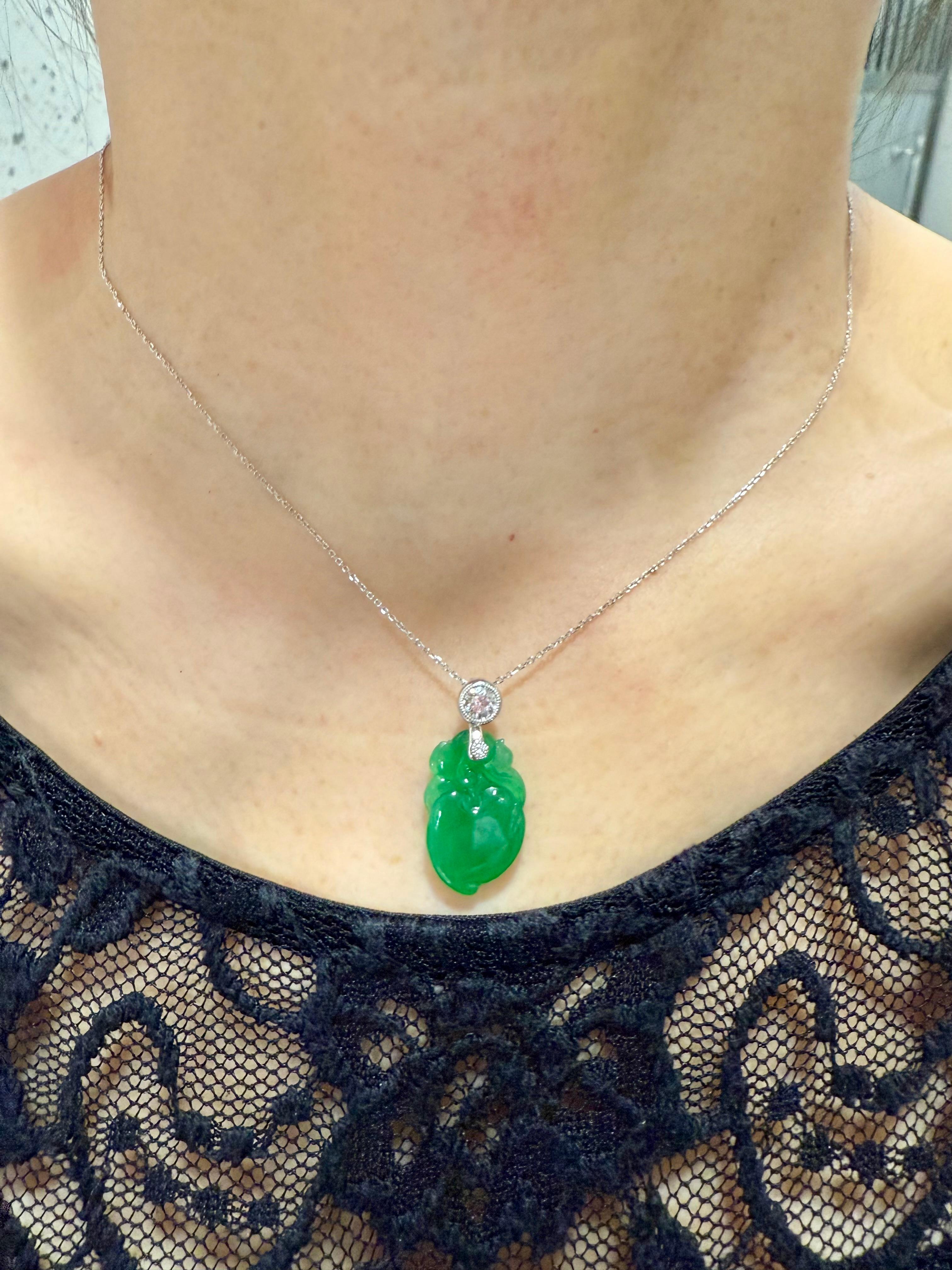 Certified Natural Apple Green Jade Peach & Diamond Pendant. Longevity & Lucky! For Sale 12