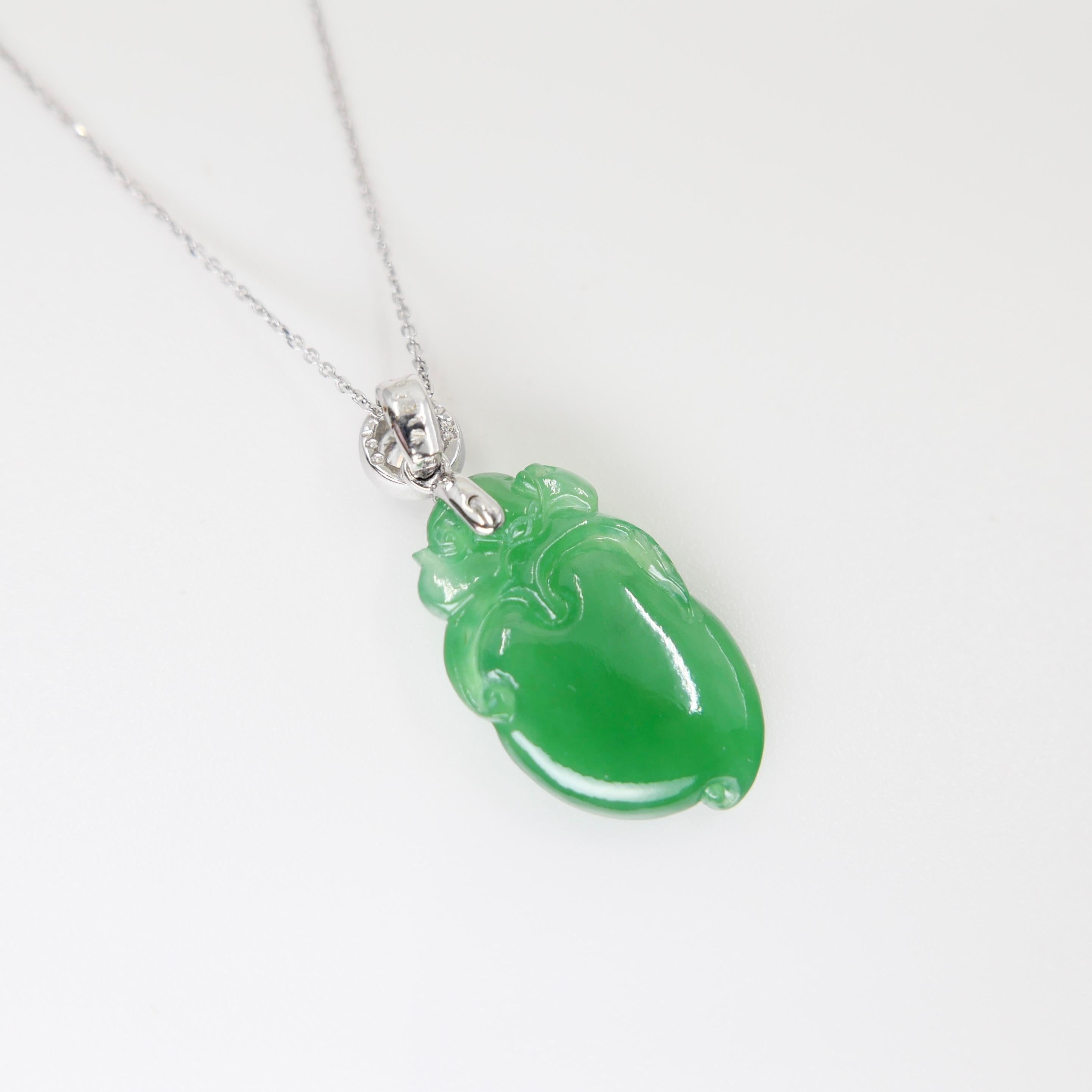 Certified Natural Apple Green Jade Peach & Diamond Pendant. Longevity & Lucky! For Sale 13