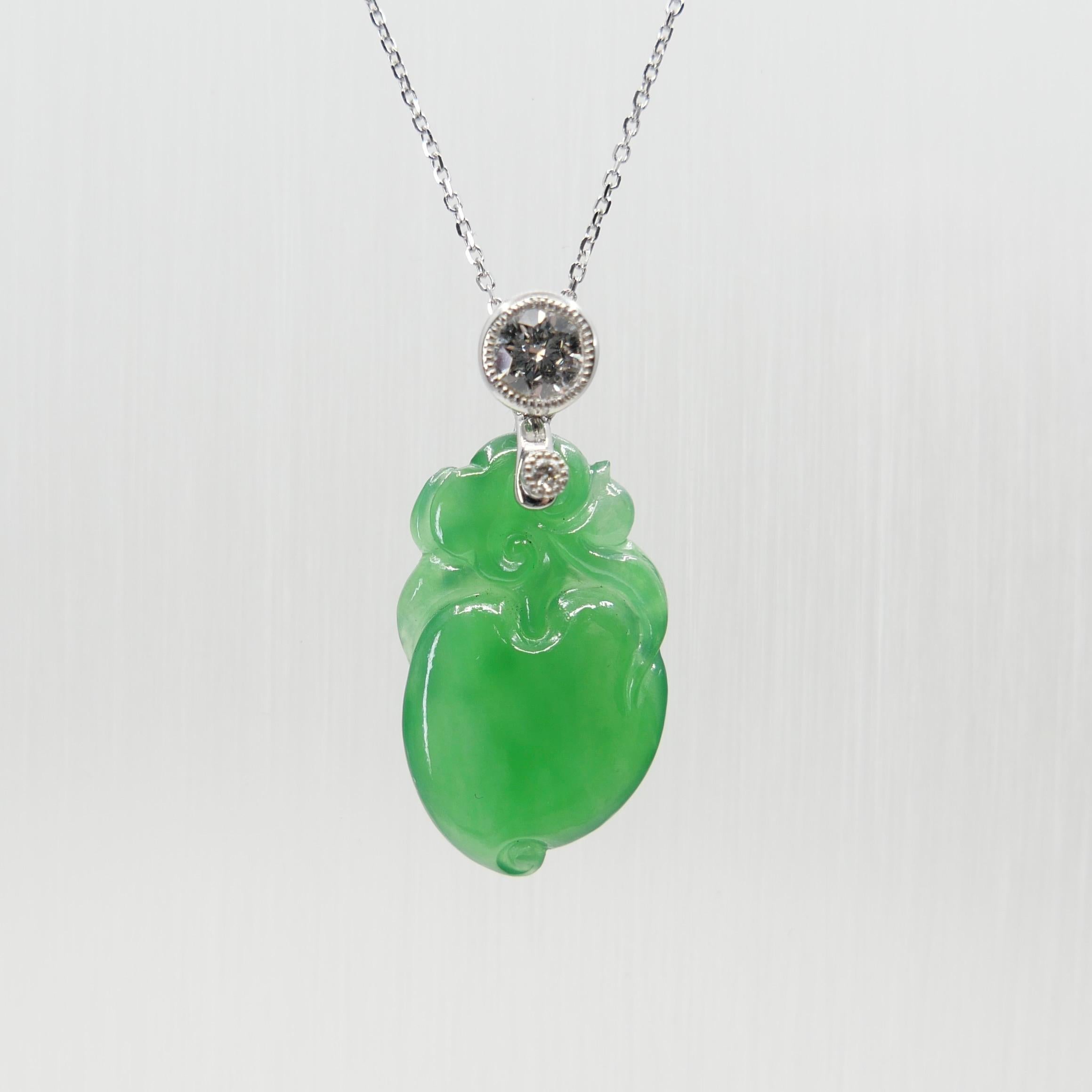 Rough Cut Certified Natural Apple Green Jade Peach & Diamond Pendant. Longevity & Lucky! For Sale