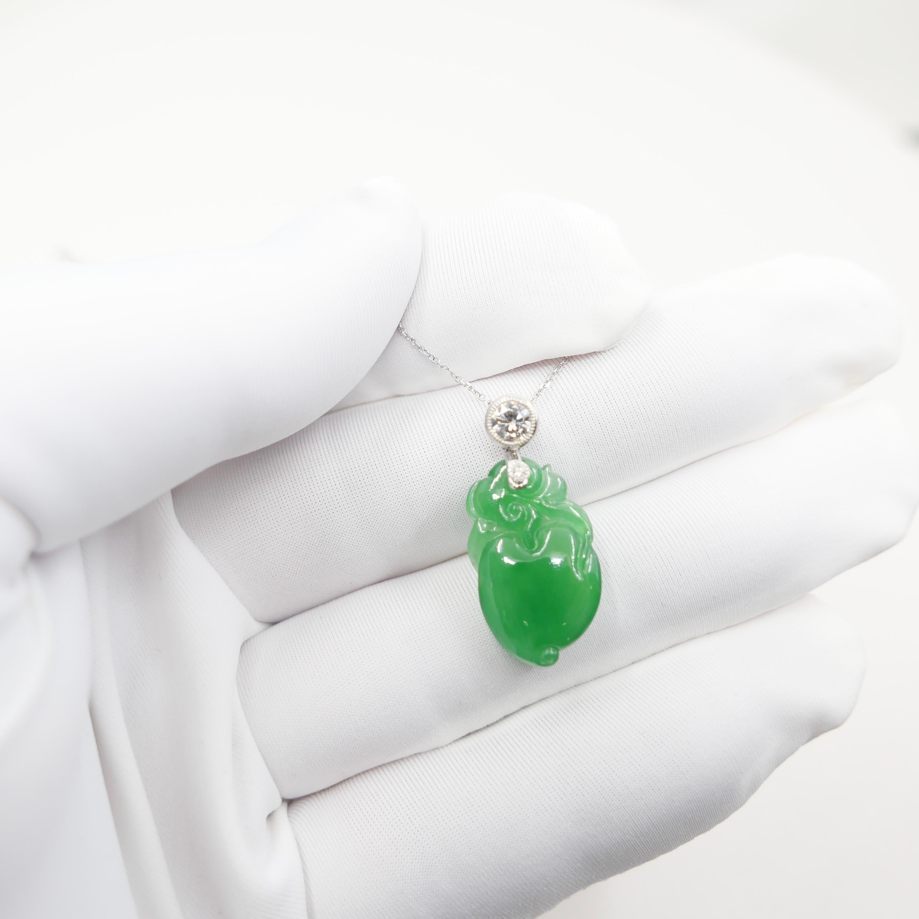 Certified Natural Apple Green Jade Peach & Diamond Pendant. Longevity & Lucky! In New Condition For Sale In Hong Kong, HK