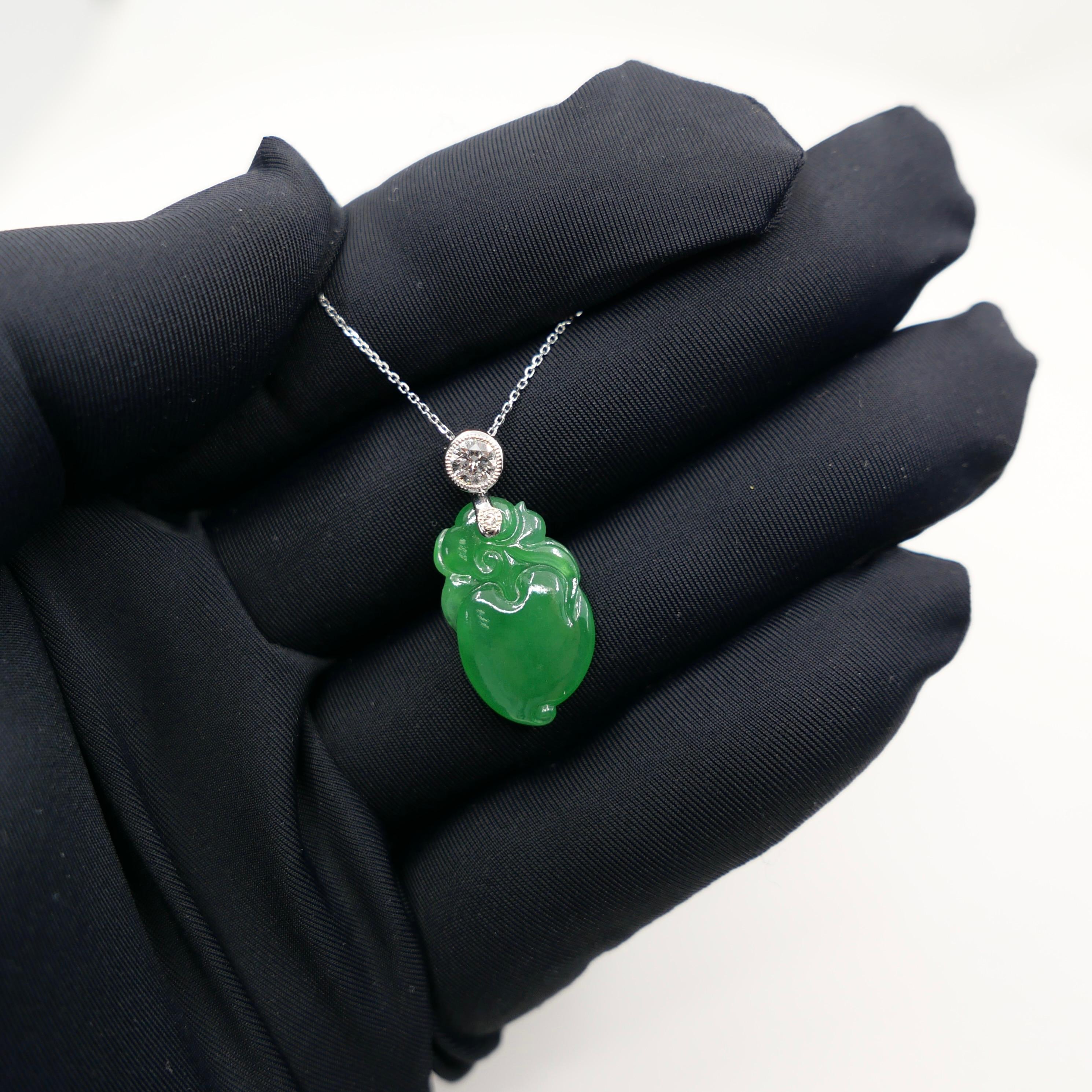 Women's Certified Natural Apple Green Jade Peach & Diamond Pendant. Longevity & Lucky! For Sale