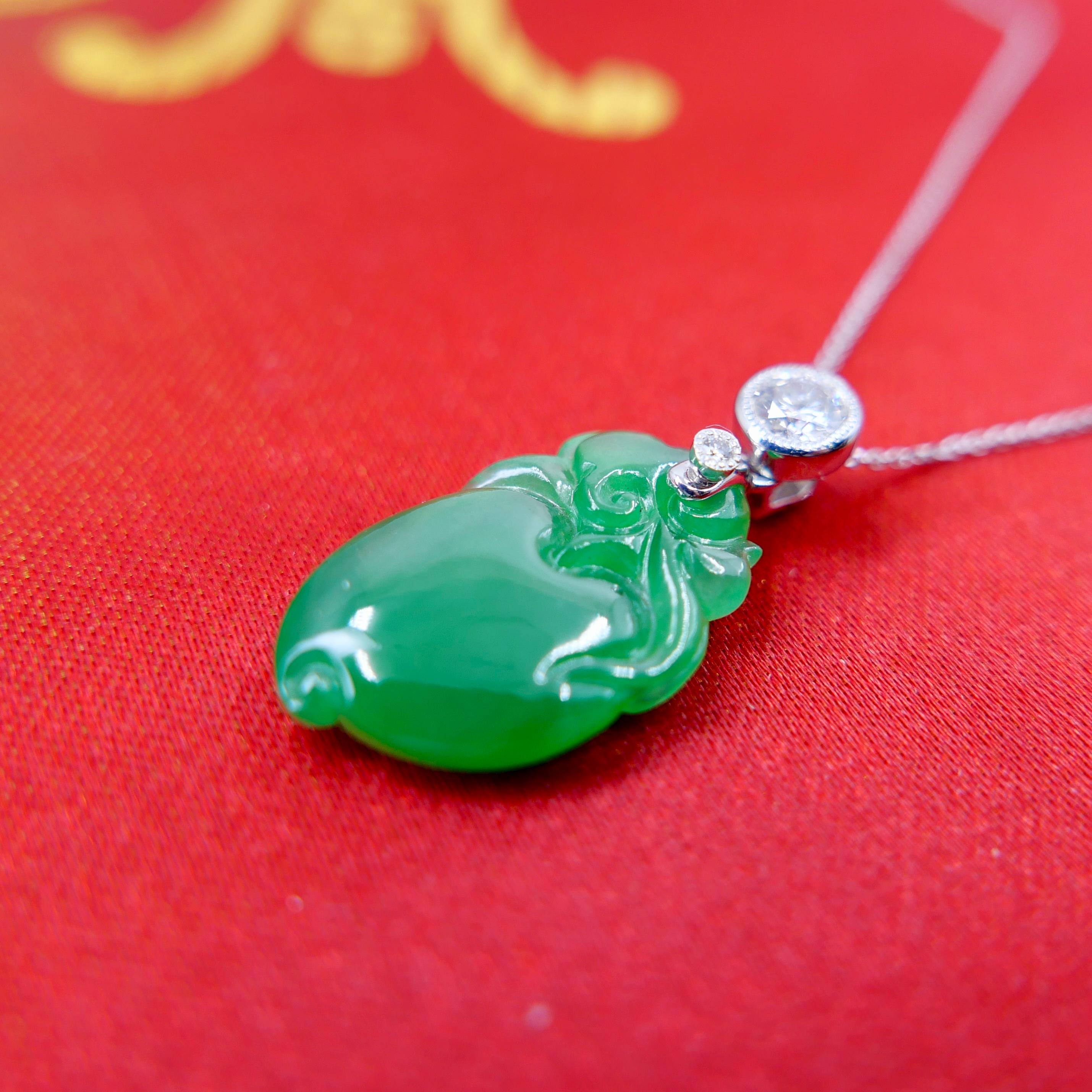 Certified Natural Apple Green Jade Peach & Diamond Pendant. Longevity & Lucky! For Sale 1