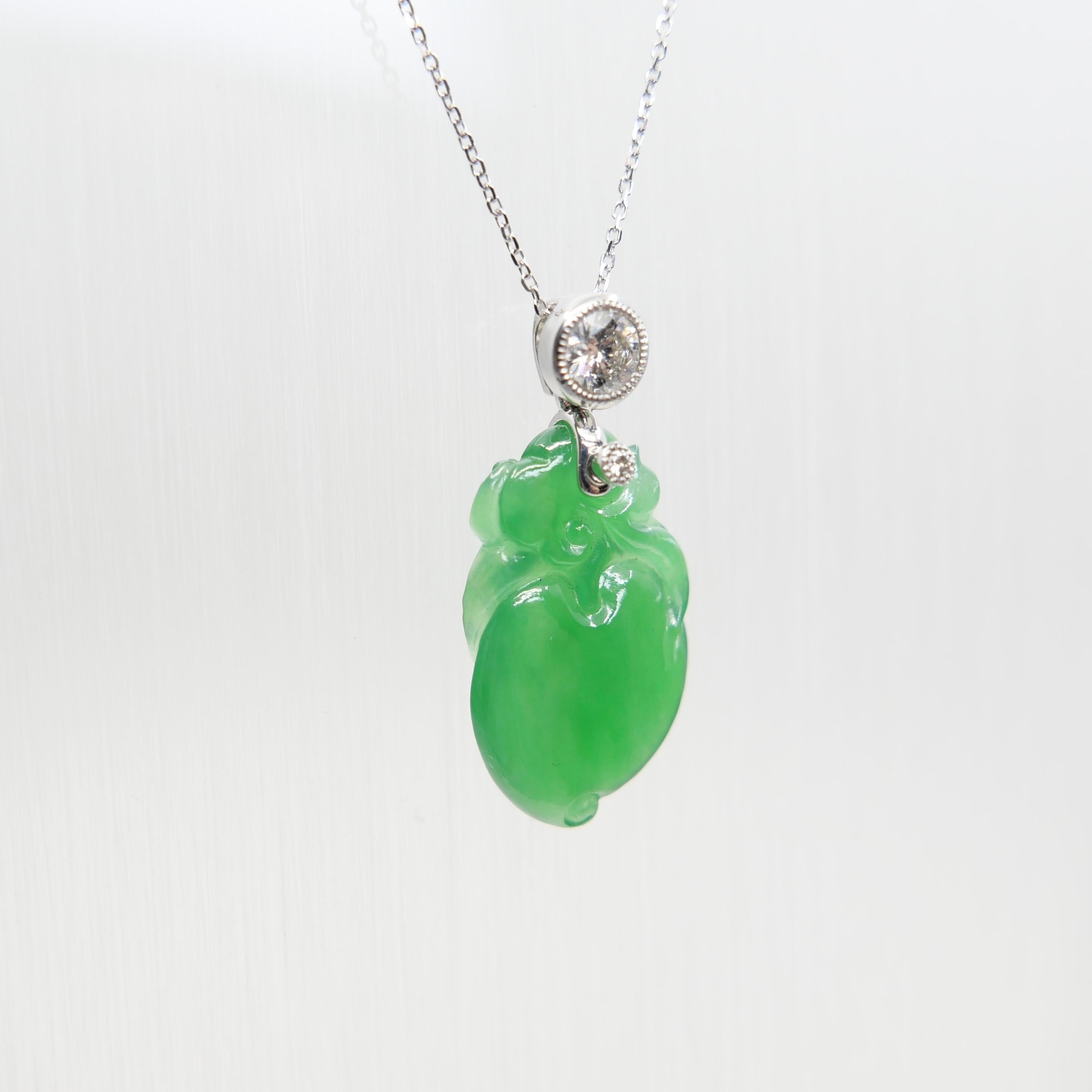 Certified Natural Apple Green Jade Peach & Diamond Pendant. Longevity & Lucky! For Sale 3