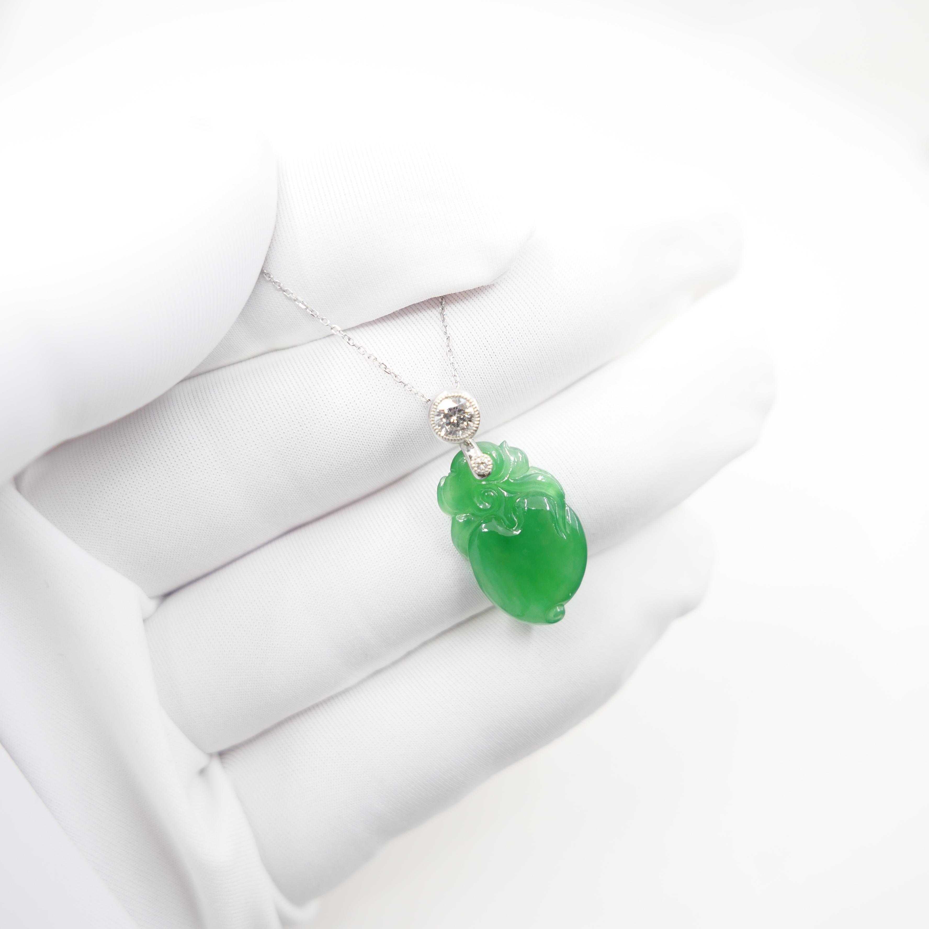 Certified Natural Apple Green Jade Peach & Diamond Pendant. Longevity & Lucky! For Sale 4