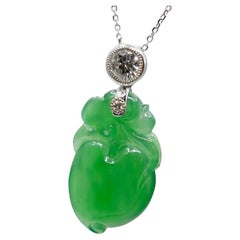 Certified Natural Apple Green Jade Peach & Diamond Pendant. Longevity & Lucky!