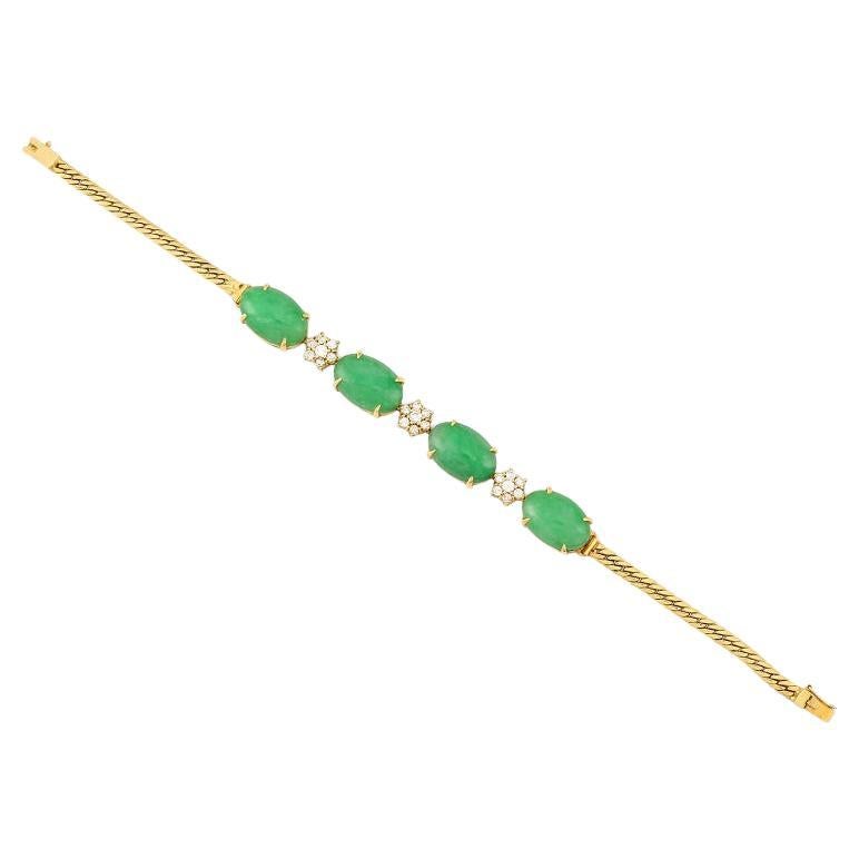 Certified Natural Apple Green Jadeite Oval Cabochon & Diamond Estate Bracelet For Sale