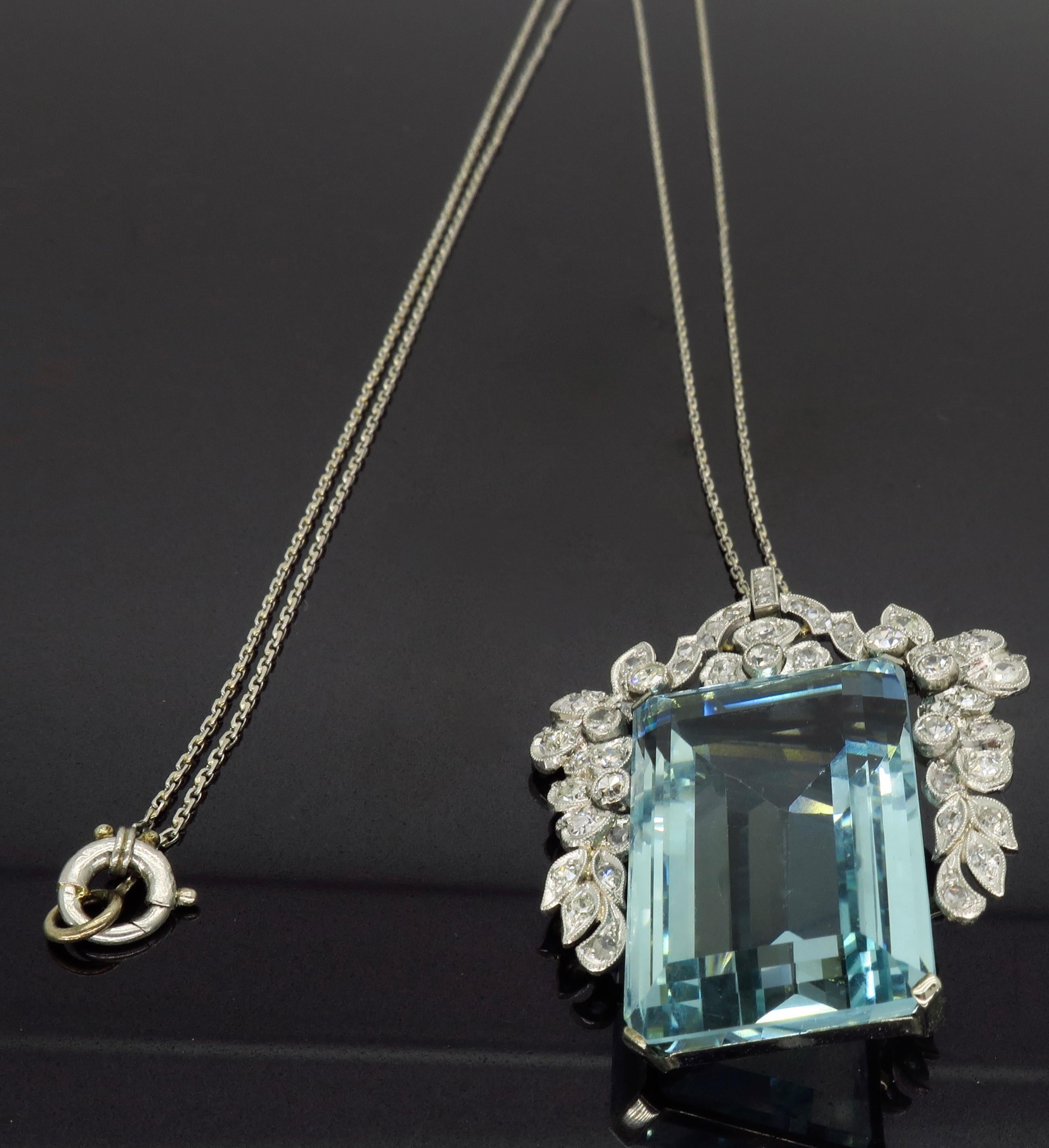 Stunning vintage necklace featuring a Platinum Aquamarine and Diamond Pendant.

GIA Report # 6192744711
 
Gemstone: Aquamarine
Gemstone Carat Weight: 22.40 x 14.99 x 9.45mm
Diamond Carat Weight: Approximately .50ctw
Diamond Cut: Rose Cut and Single