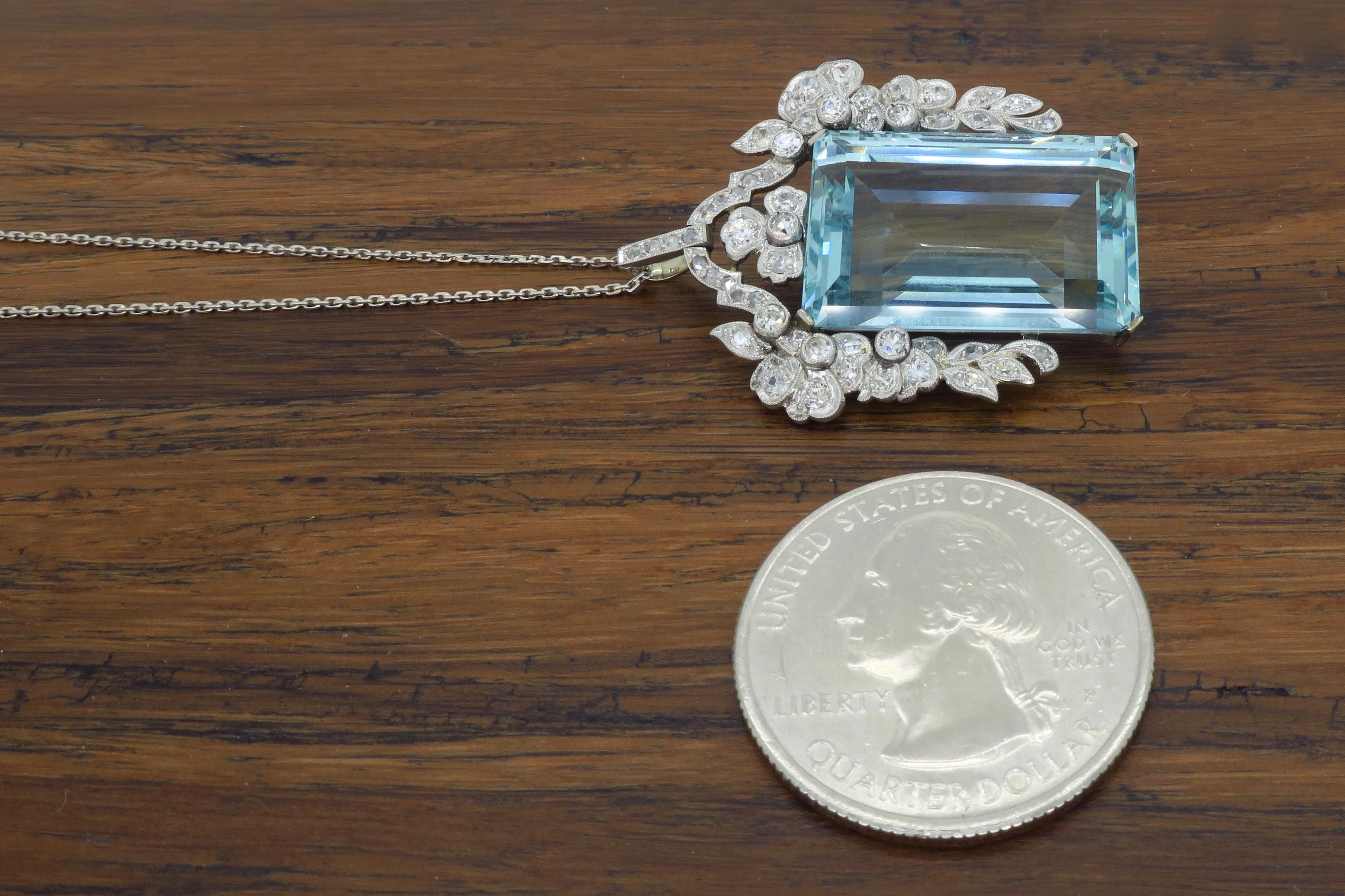 Art Deco Certified Natural Aquamarine and Diamond Pendant Necklace in Platinum