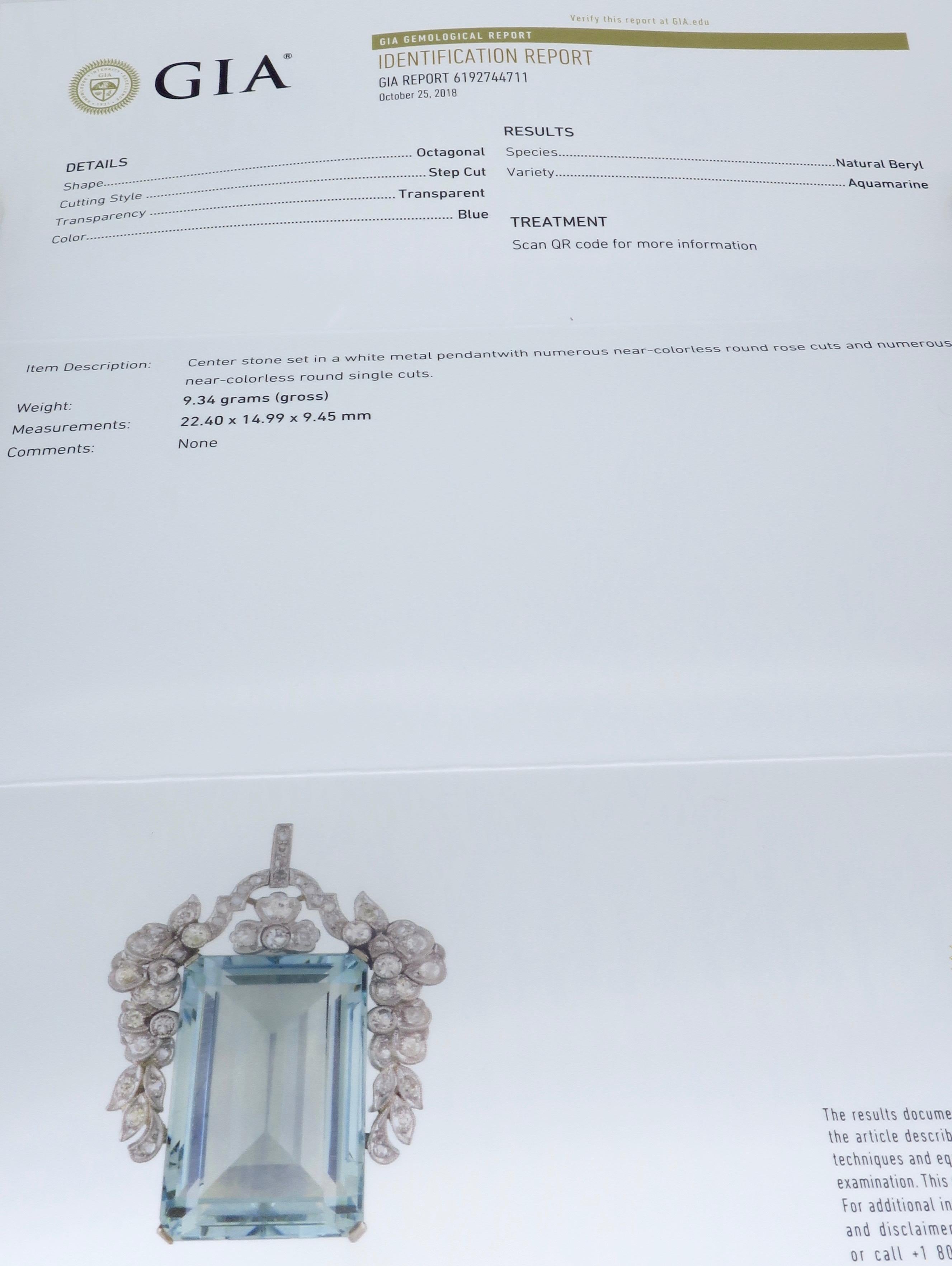 Certified Natural Aquamarine and Diamond Pendant Necklace in Platinum In Excellent Condition In Webster, NY