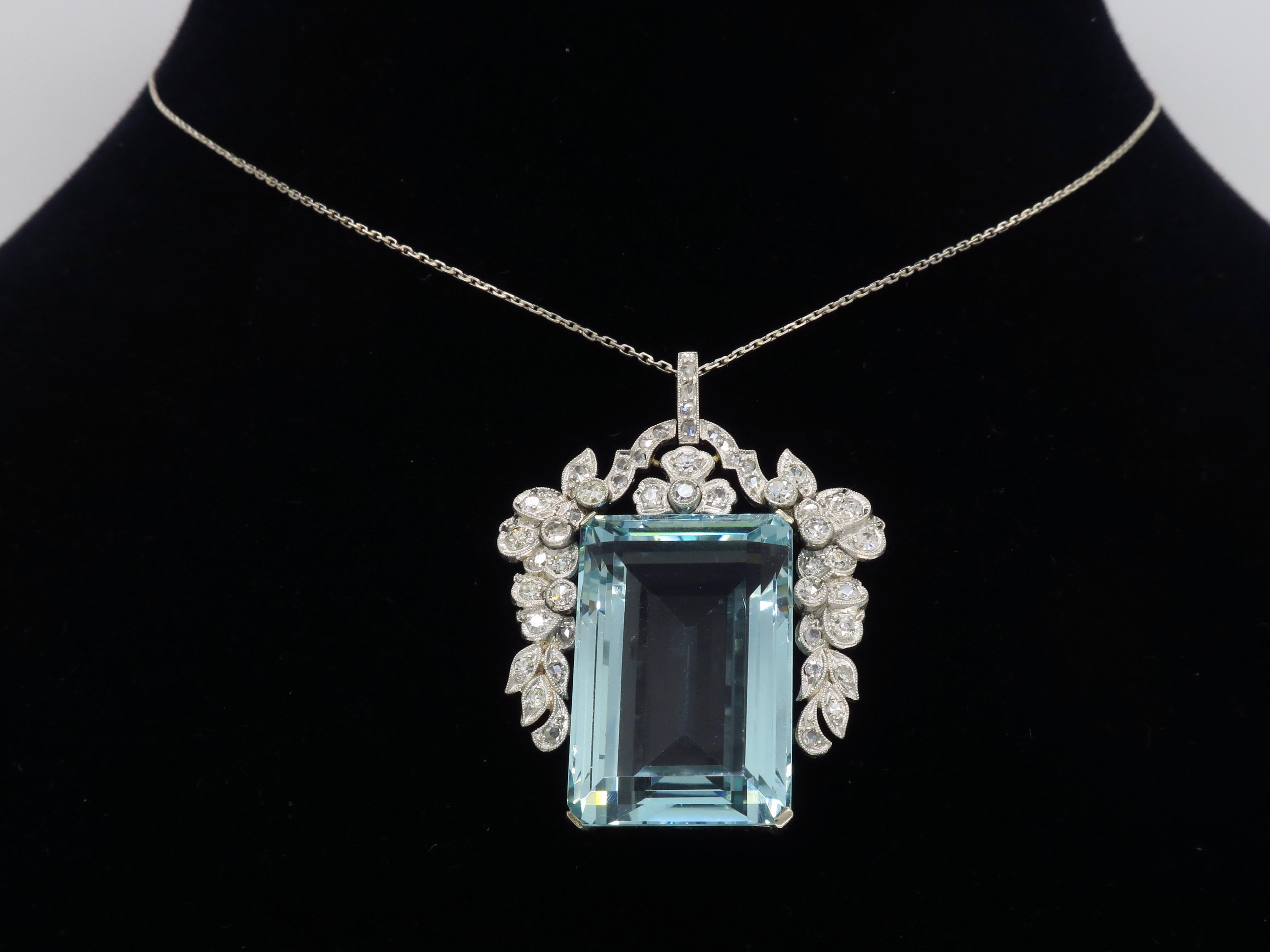 Women's or Men's Certified Natural Aquamarine and Diamond Pendant Necklace in Platinum