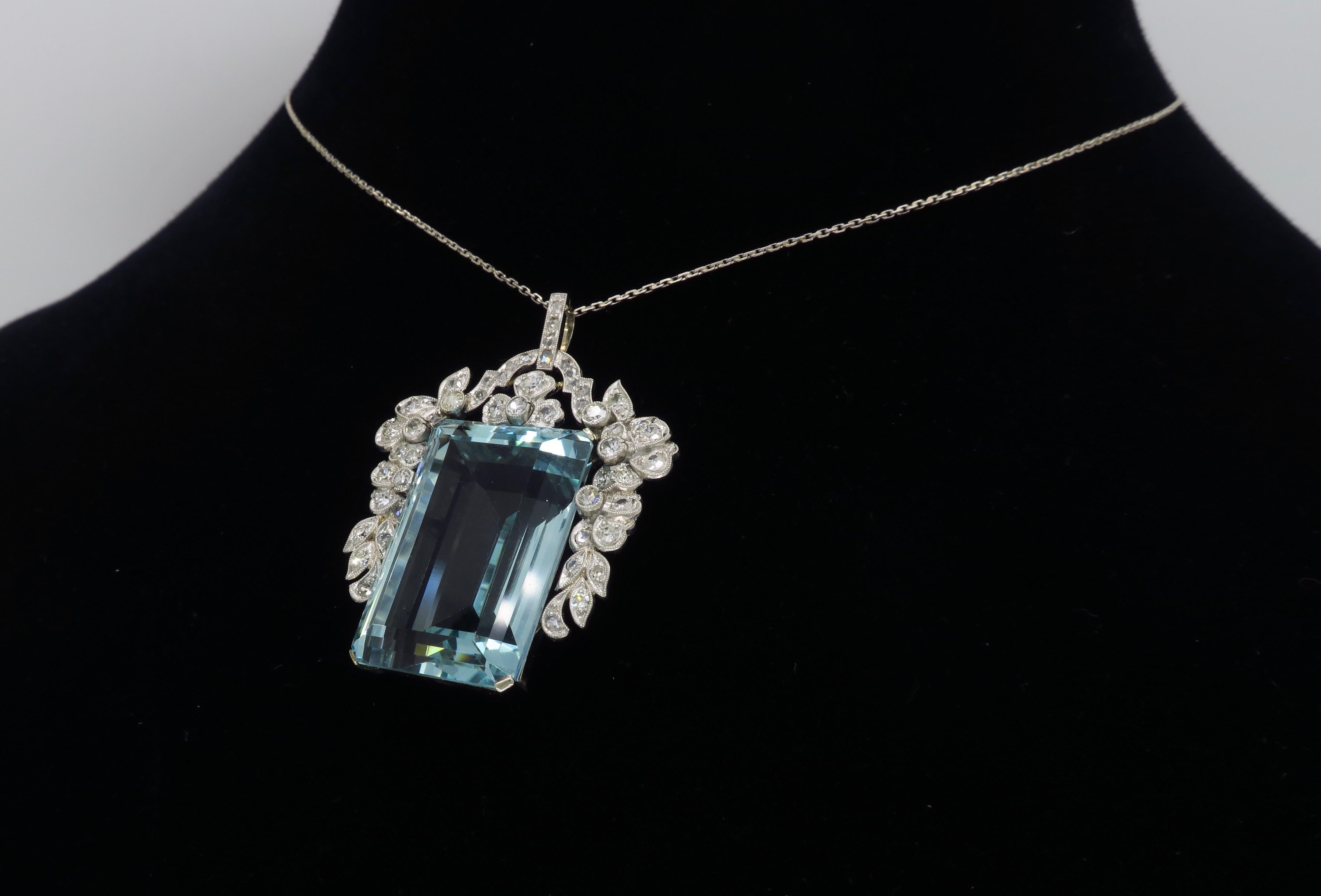 Certified Natural Aquamarine and Diamond Pendant Necklace in Platinum 1