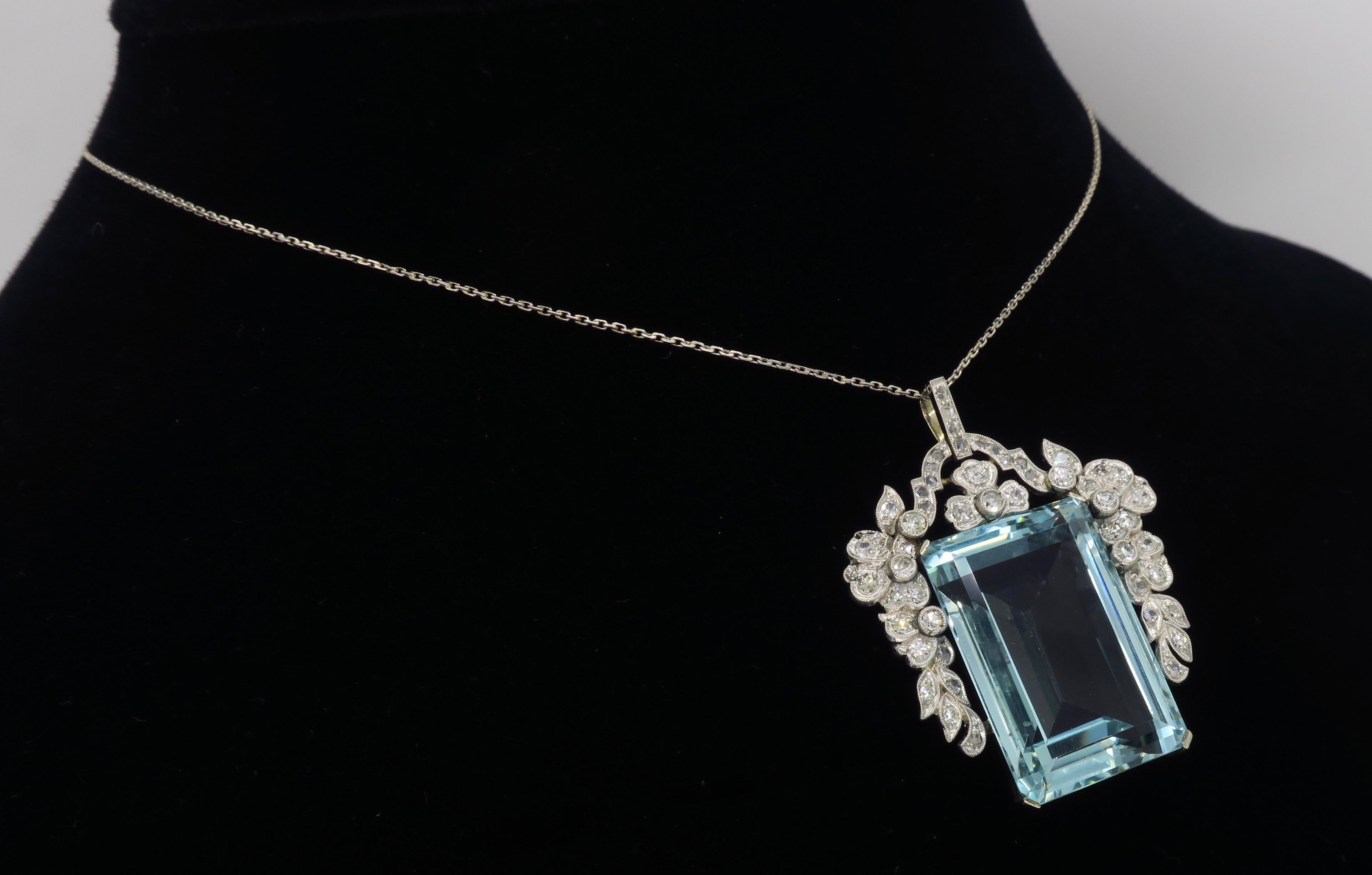 Certified Natural Aquamarine and Diamond Pendant Necklace in Platinum 2