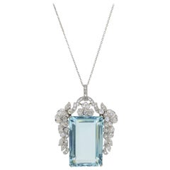 Certified Natural Aquamarine and Diamond Pendant Necklace in Platinum