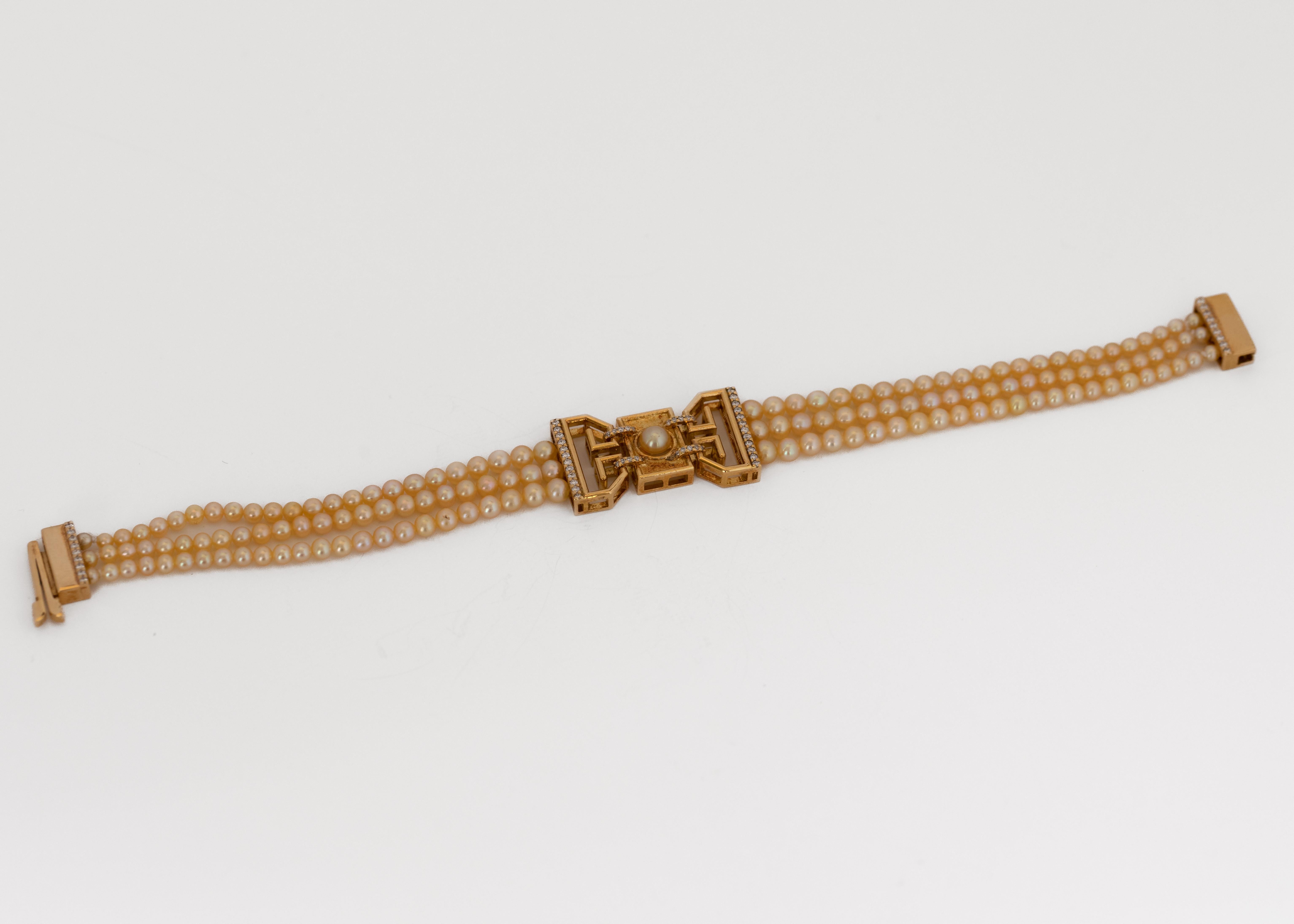 Certified Natural Bahraini Pearls and Diamonds Art Deco Bracelet in 18 Kt Yellow In New Condition In Manama, BH