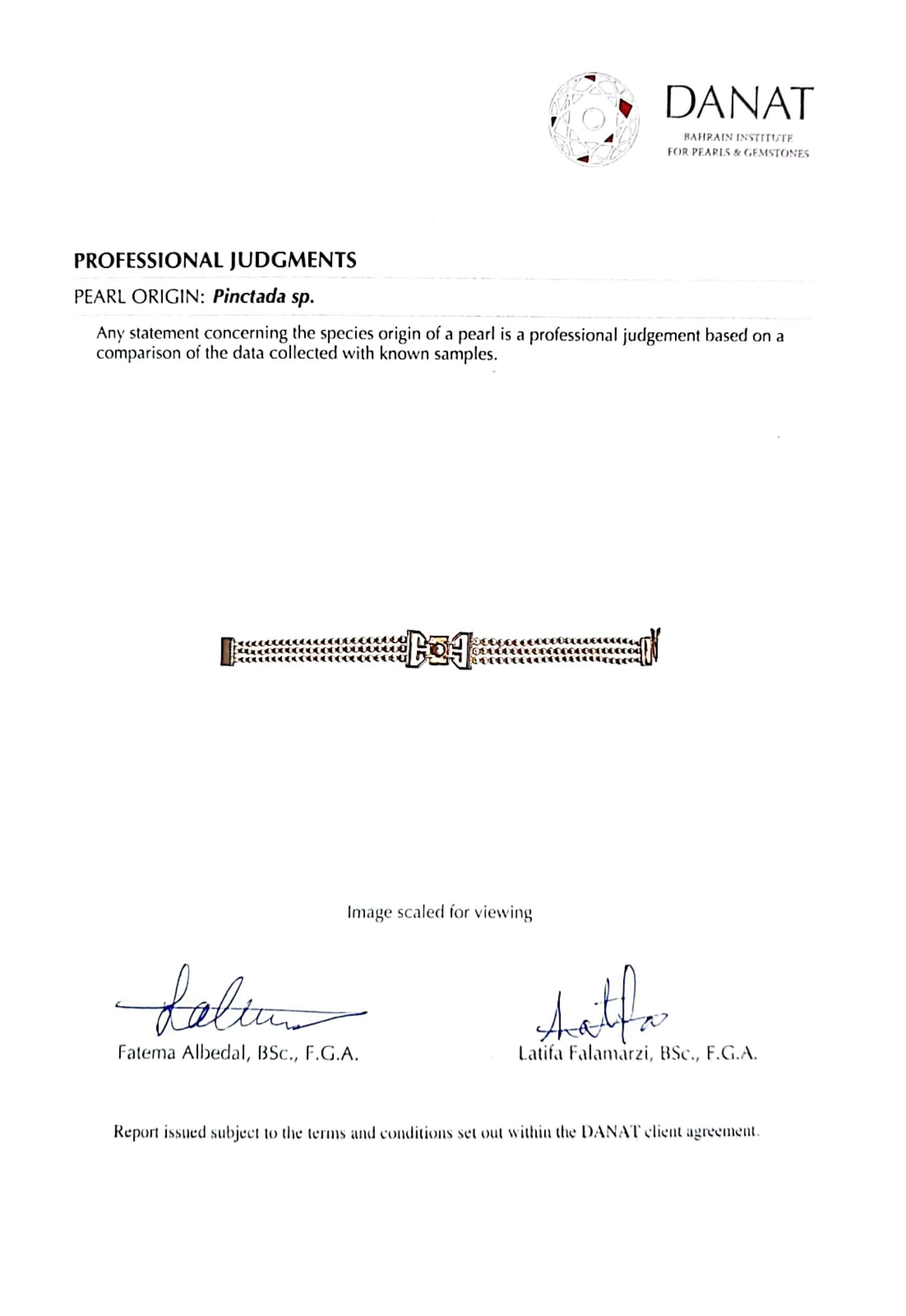 Women's Certified Natural Bahraini Pearls and Diamonds Art Deco Bracelet in 18 Kt Yellow