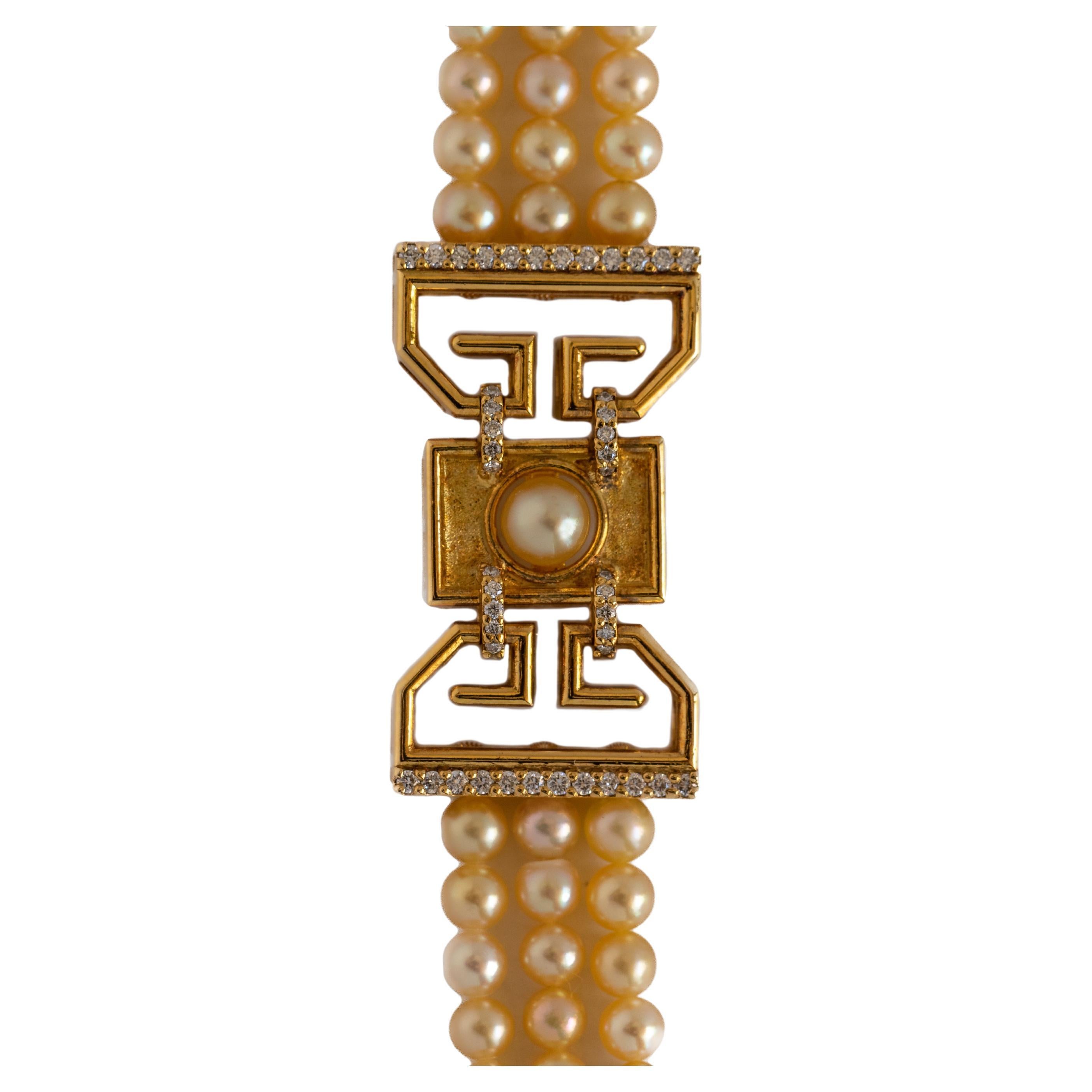 Certified Natural Bahraini Pearls and Diamonds Art Deco Bracelet in 18 Kt Yellow
