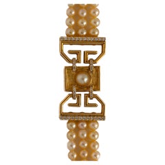 Certified Natural Bahraini Pearls and Diamonds Art Deco Bracelet in 18 Kt Yellow