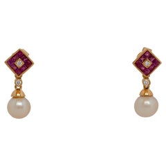 Certified Natural Bahraini Pearls Earrings with Rubies and Diamonds in 18Kt Gold