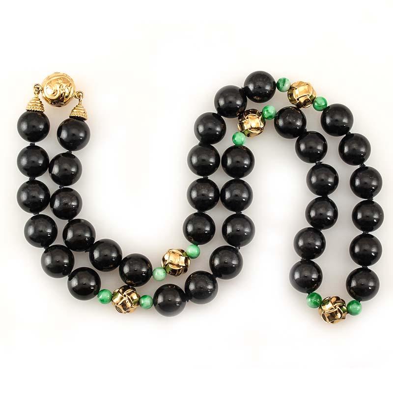 Women's or Men's Certified Natural Black Jade Bead, Green Jade & 14K Gold Mason-Kay Necklace For Sale