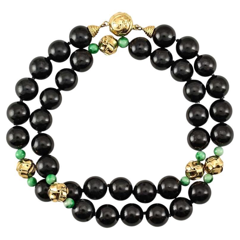 Certified Natural Black Jade Bead, Green Jade & 14K Gold Mason-Kay Necklace