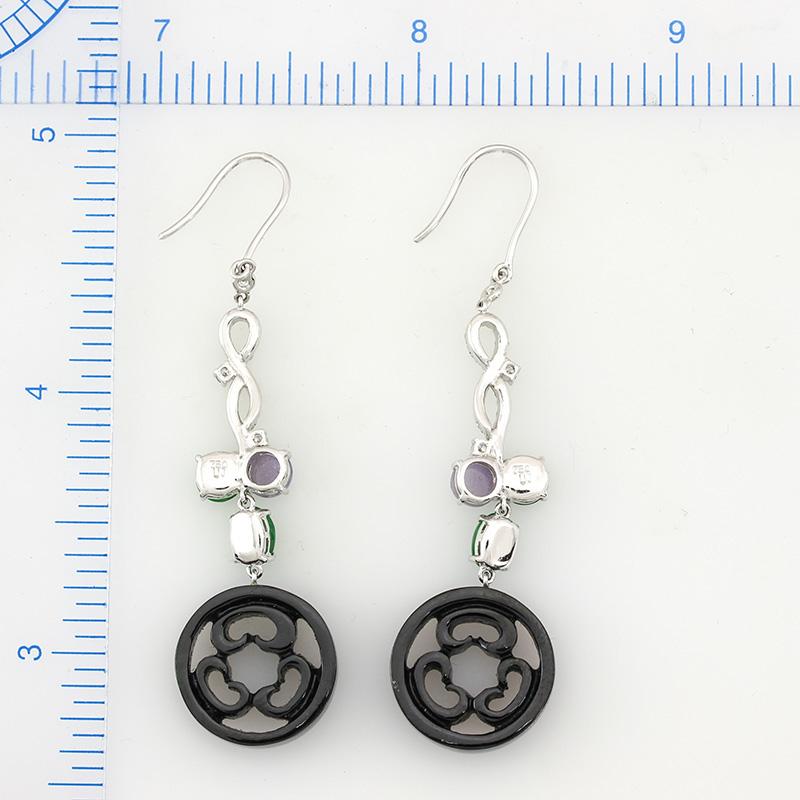 Rare carved black jadeite jade circles with vivid lavender and green jadeite cabochon accents all set in 18K white gold with diamonds drop earrings. Incredible, One-of-a-kind, Designer Mason-Kay Style! 

Black jadeite circles = approx. 15.5mm wide,