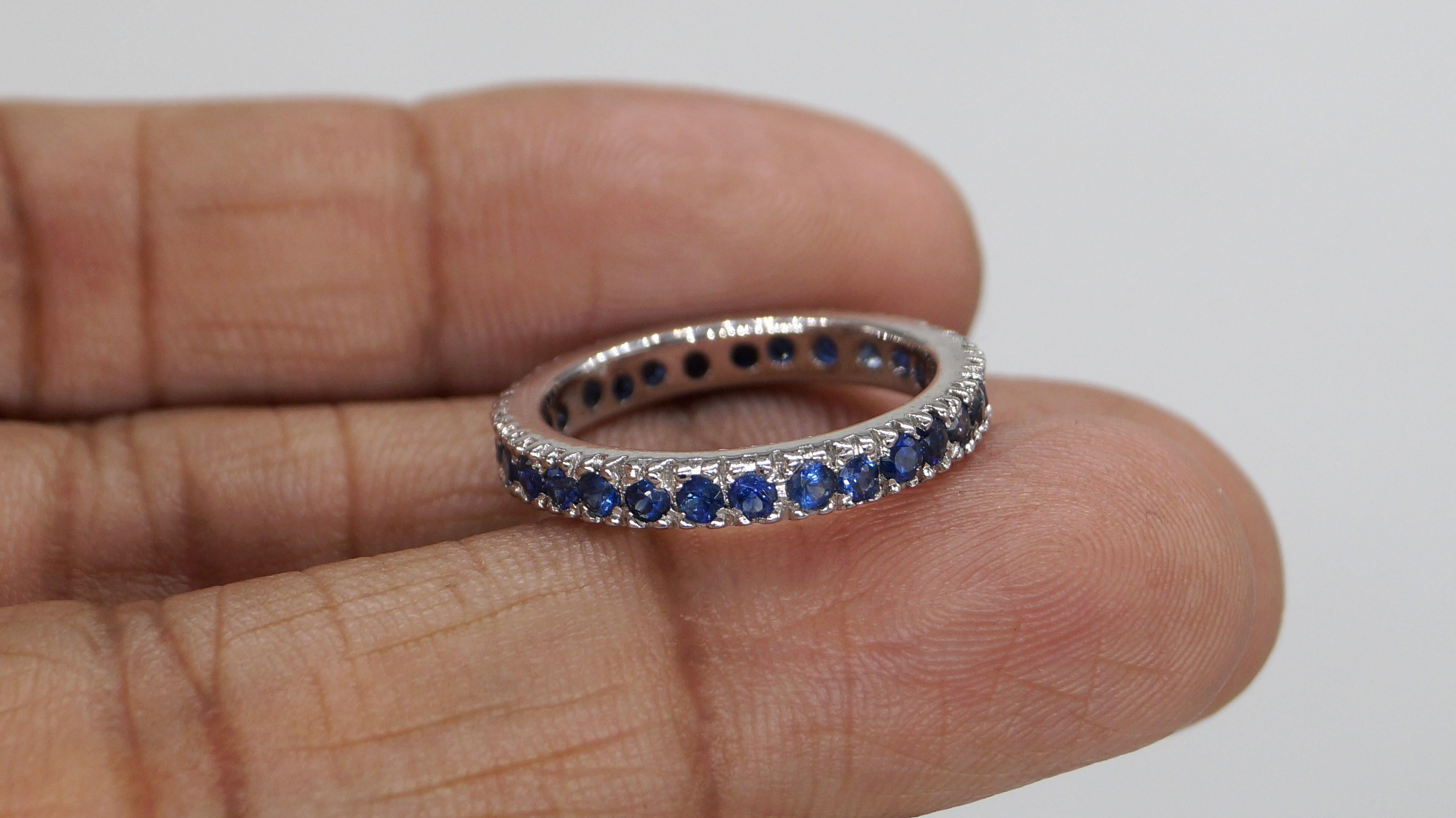 Certified Natural Blue Sapphire Band Sterling silver white Gold Ring Vermeil en vente 2