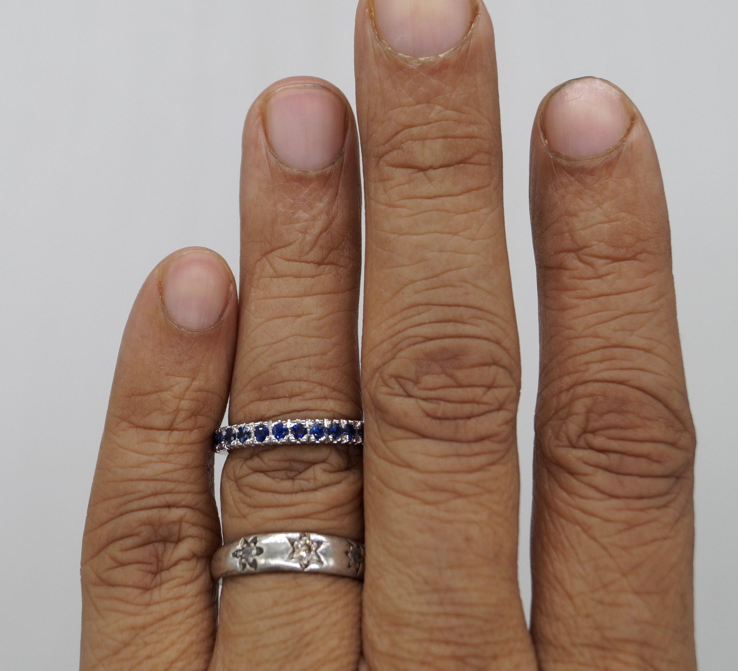 Certified Natural Blue Sapphire Band Sterling silver white Gold Ring Vermeil en vente 3