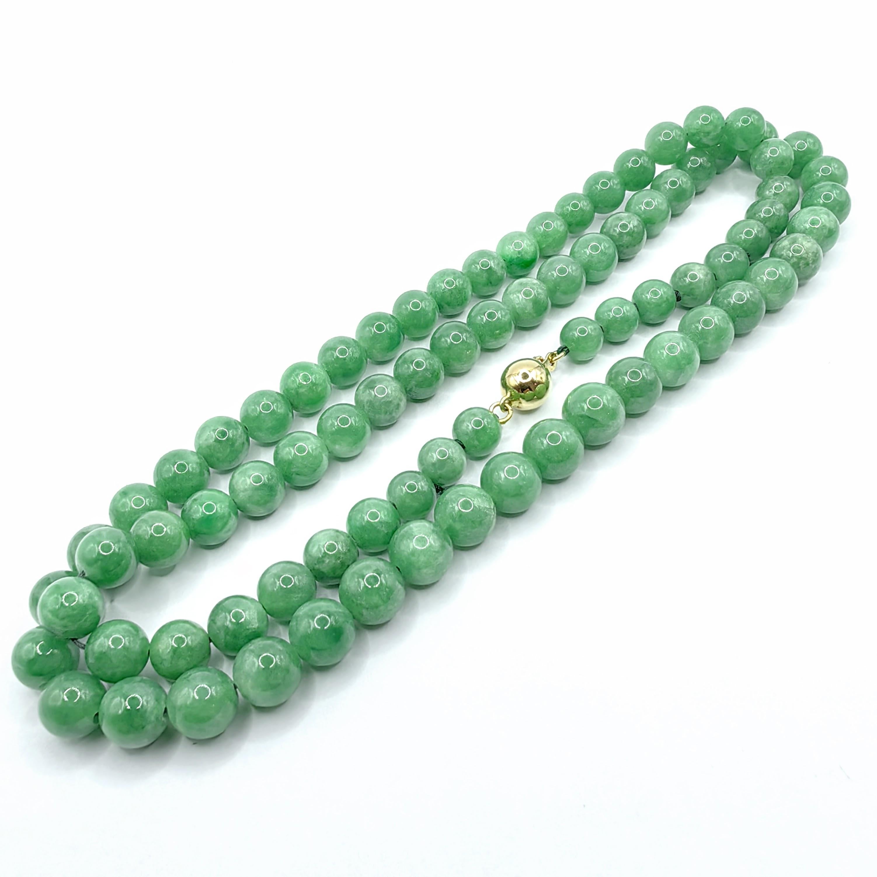 Contemporary Certified Natural Burmese Apple Green Jadeite Jade Bead 18K Gold Clasp Necklace For Sale