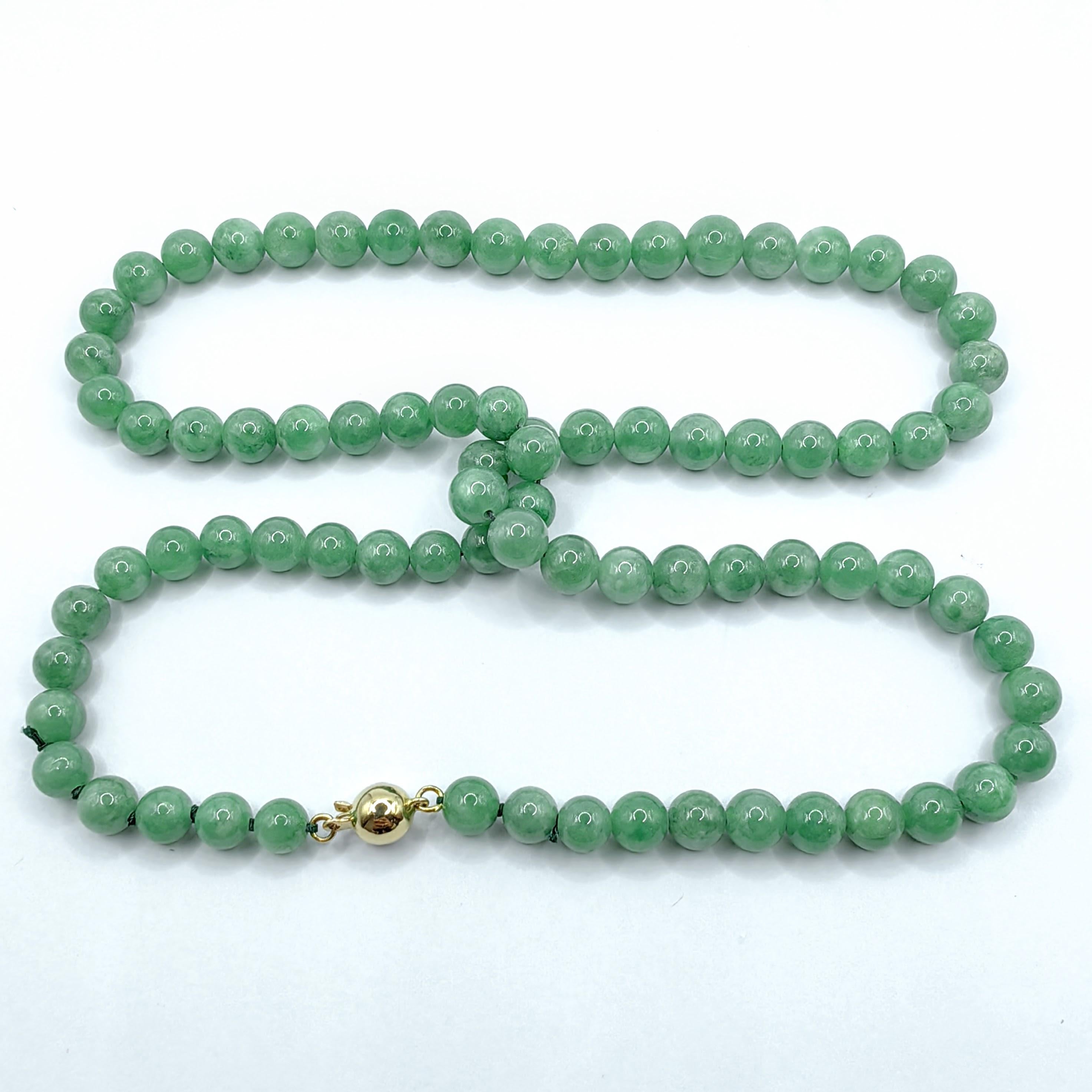 Round Cut Certified Natural Burmese Apple Green Jadeite Jade Bead 18K Gold Clasp Necklace For Sale