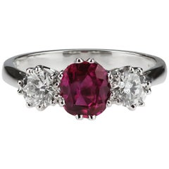 Certified Natural Burmese Burma Ruby 1.04 ct, Diamond 3-Stone Ring in Platinum