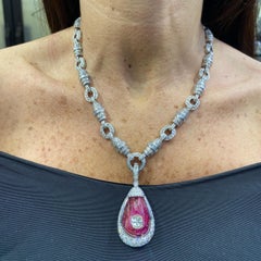 Certified Natural Burmese Cabochon Ruby Diamond Necklace