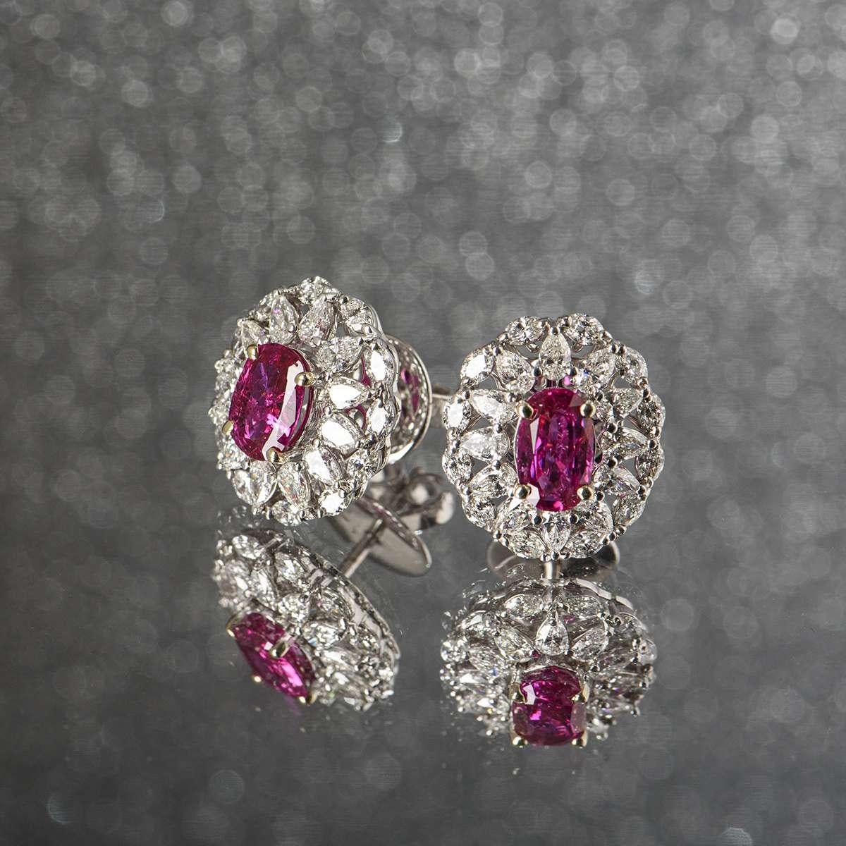 Women's Certified Natural Burmese Ruby and Diamond Stud Earrings