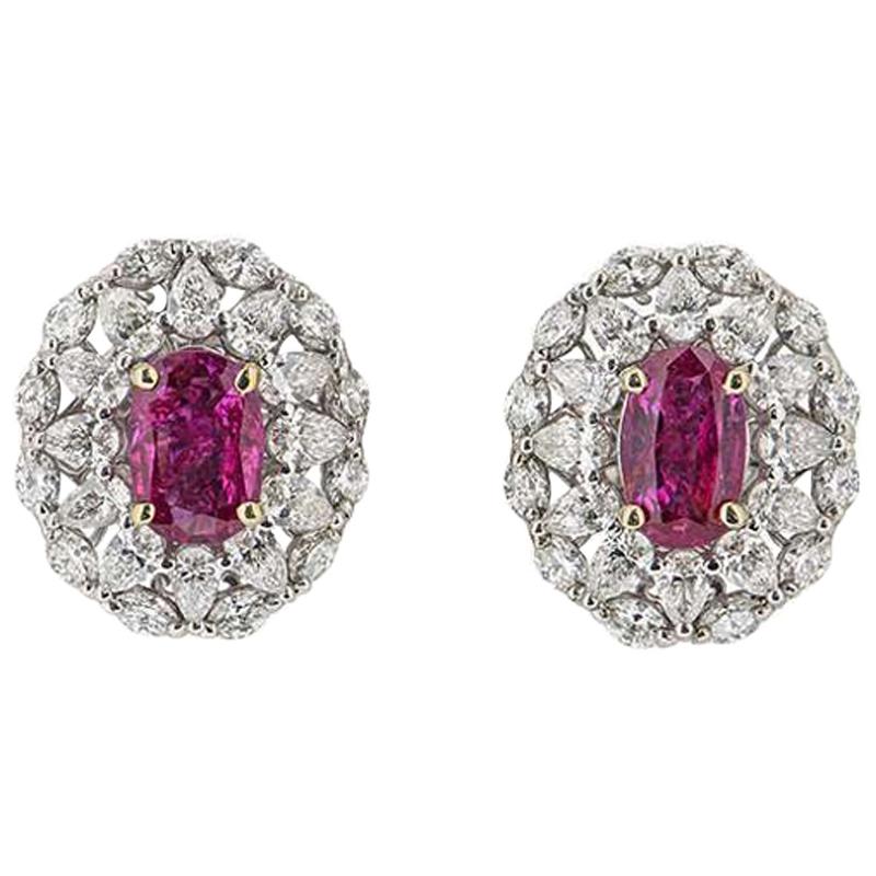 Certified Natural Burmese Ruby and Diamond Stud Earrings
