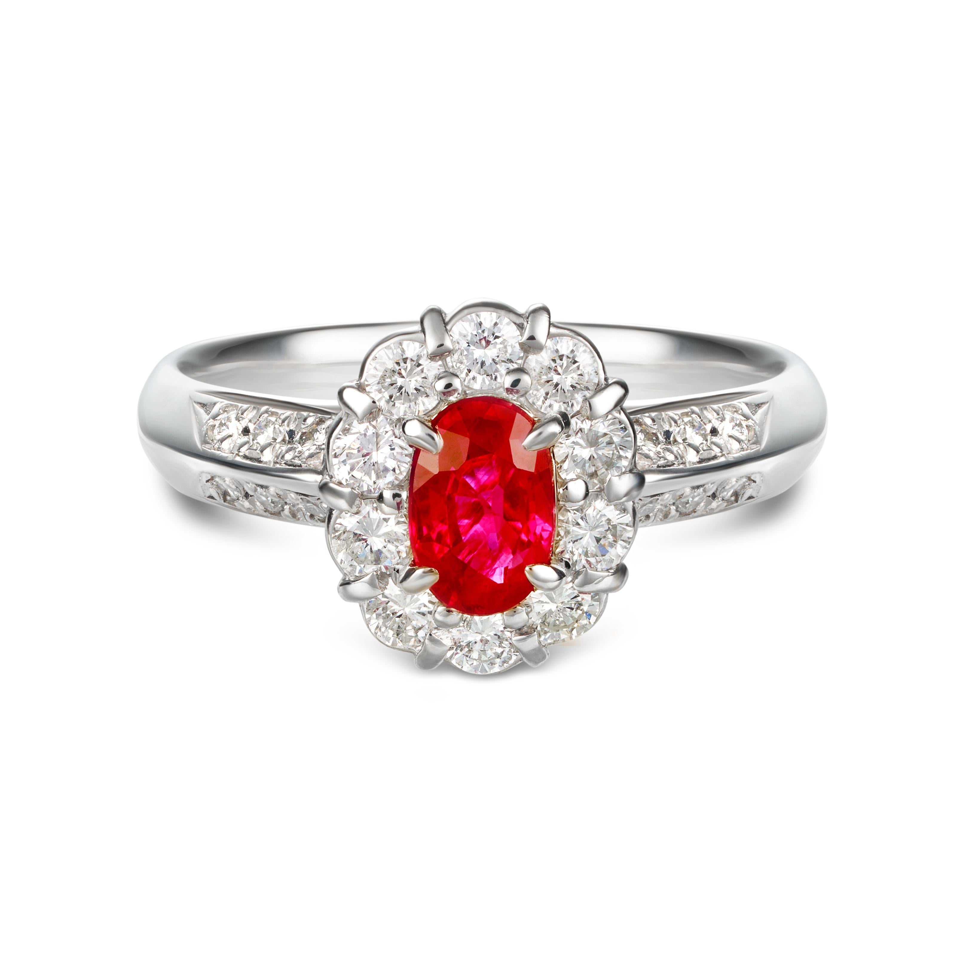 Femenino o masculino Anillo de diamantes de rubí birmano natural certificado - Rojo vivo en venta