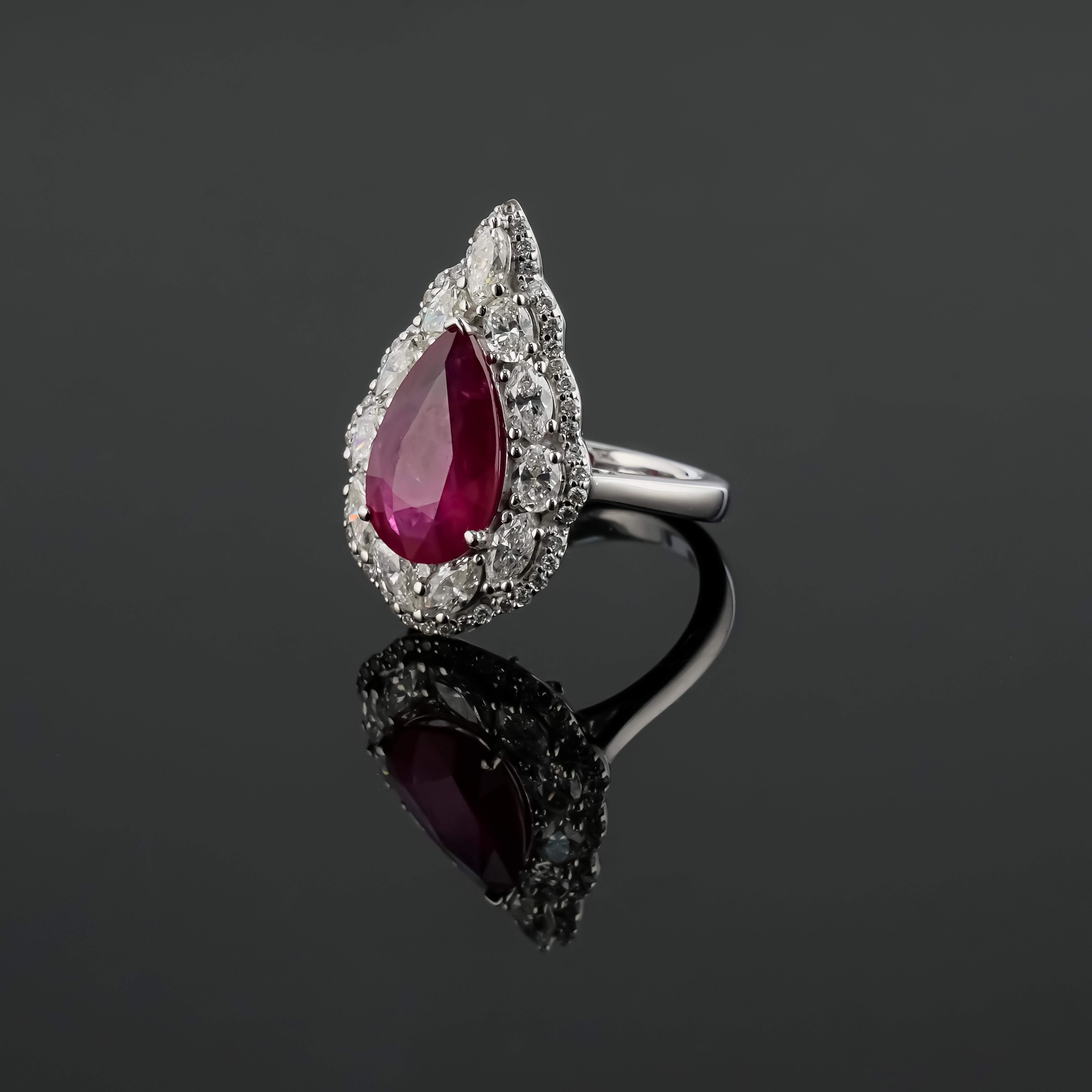 Modern Certified Natural Burmese Ruby Statement Ring Set In 18K White Gold For Sale