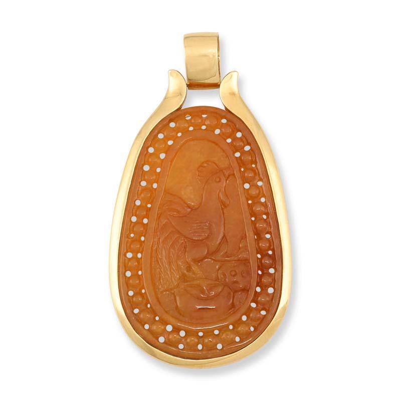 Cabochon Certified Natural Butterscotch Yellow Jade Rooster Pendant For Sale