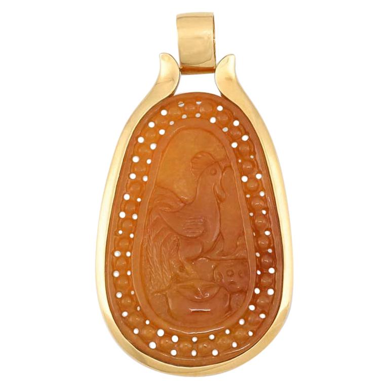 Certified Natural Butterscotch Yellow Jade Rooster Pendant For Sale