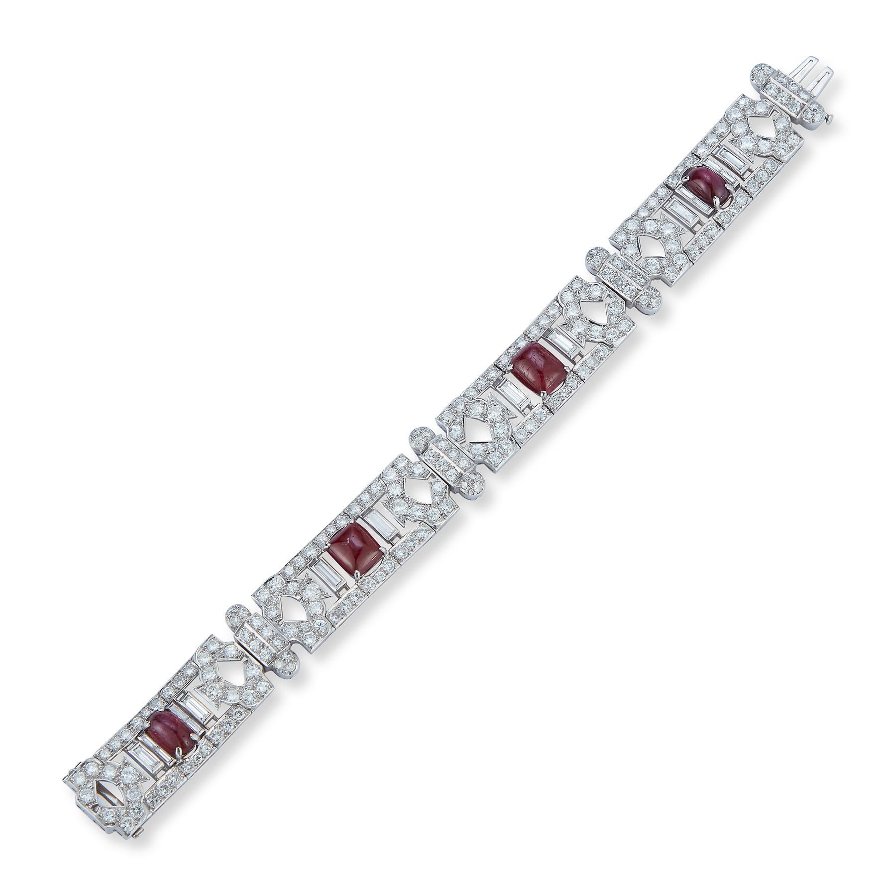 Certified Natural Cabochon Burmese Ruby and Diamond Art Deco bracelet
4 Cabochon Rubies set in a Platinum Bracelet with numerous Round and Baguette cut Diamonds
Made circa 1920
Measurements: 7