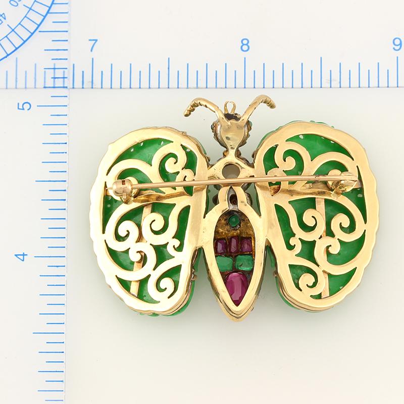 Cabochon Certified Natural Carved Green Jadeite Jade & Gemstone Estate Butterfly Pin