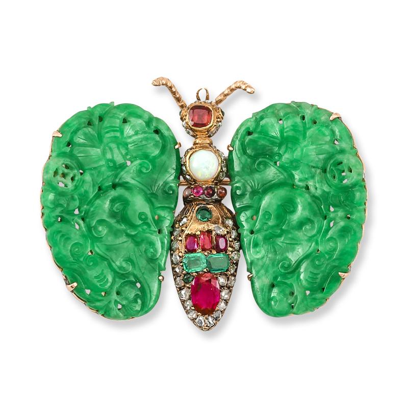 Certified Natural Carved Green Jadeite Jade & Gemstone Estate Butterfly Pin In Excellent Condition In Littleton, CO