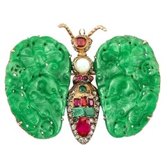 Certified Natural Carved Green Jadeite Jade & Gemstone Estate Butterfly Pin