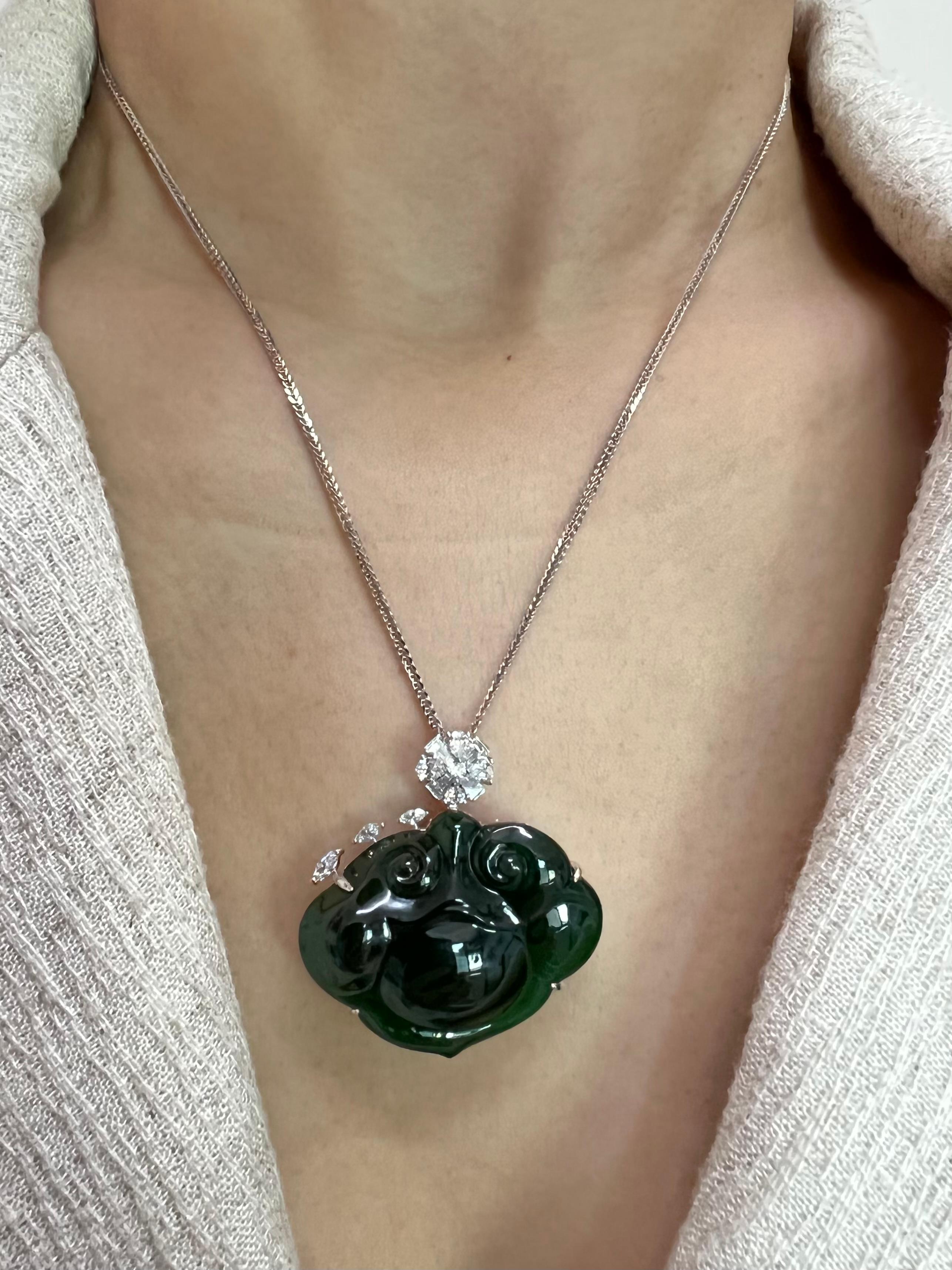Certified Natural Carved Ruyi Jade & Diamond Pendant  Necklace. Intense Green. For Sale 2