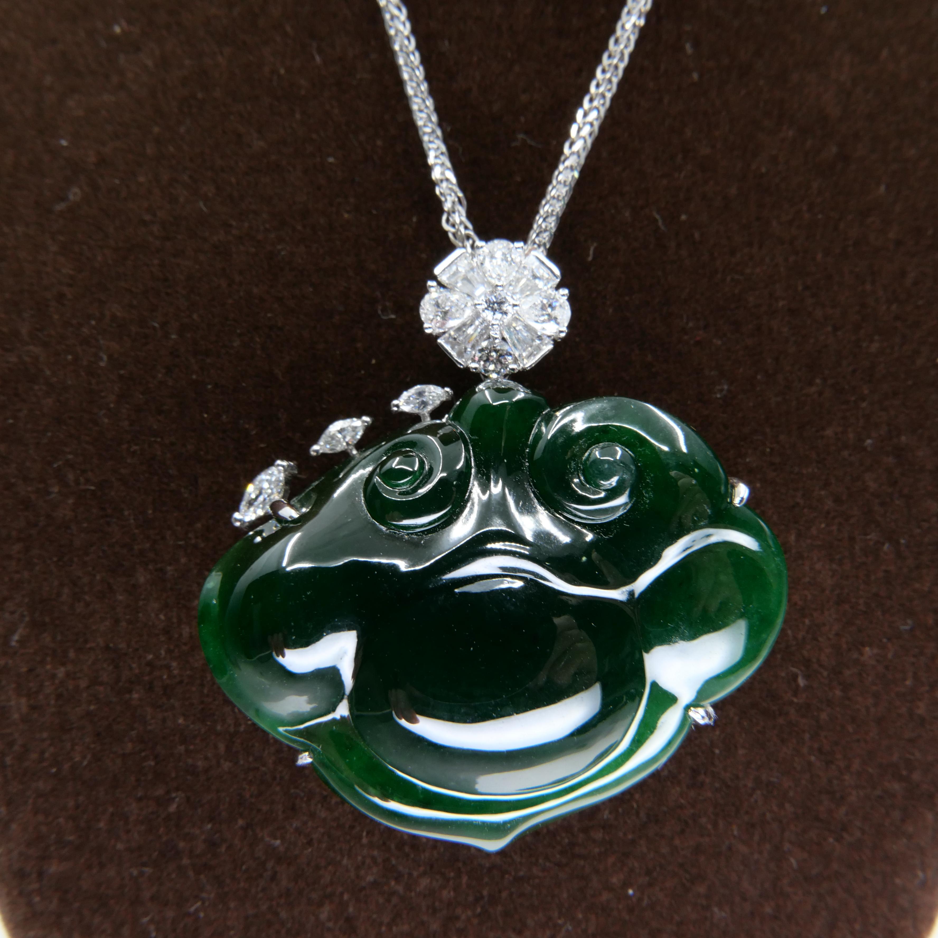 Certified Natural Carved Ruyi Jade & Diamond Pendant  Necklace. Intense Green. For Sale 3